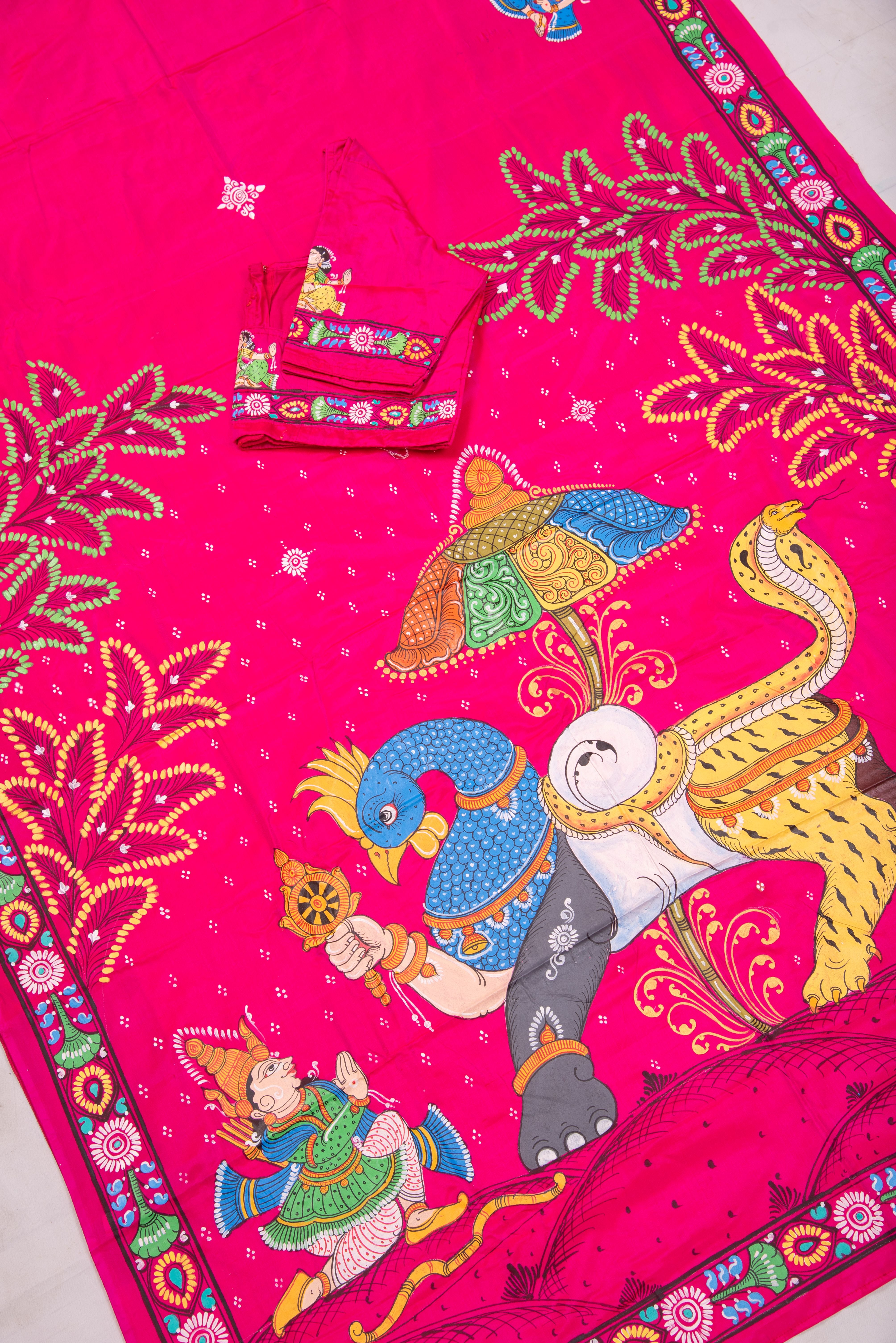 Pattachitra hand painted saree on pure silk - Navagunjara Theme(Creature with nine animals)