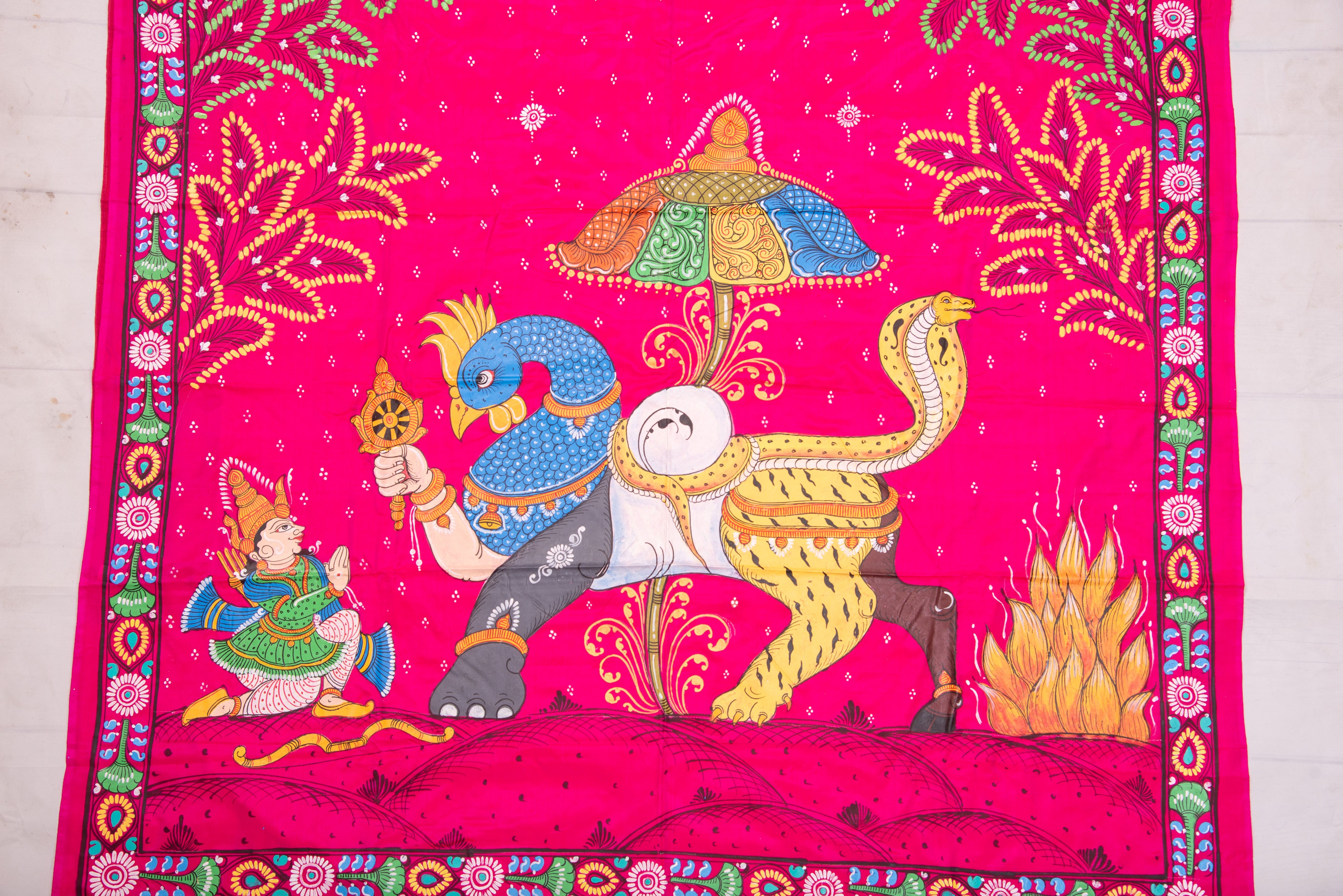 Pattachitra hand painted saree on pure silk - Navagunjara Theme(Creature with nine animals)