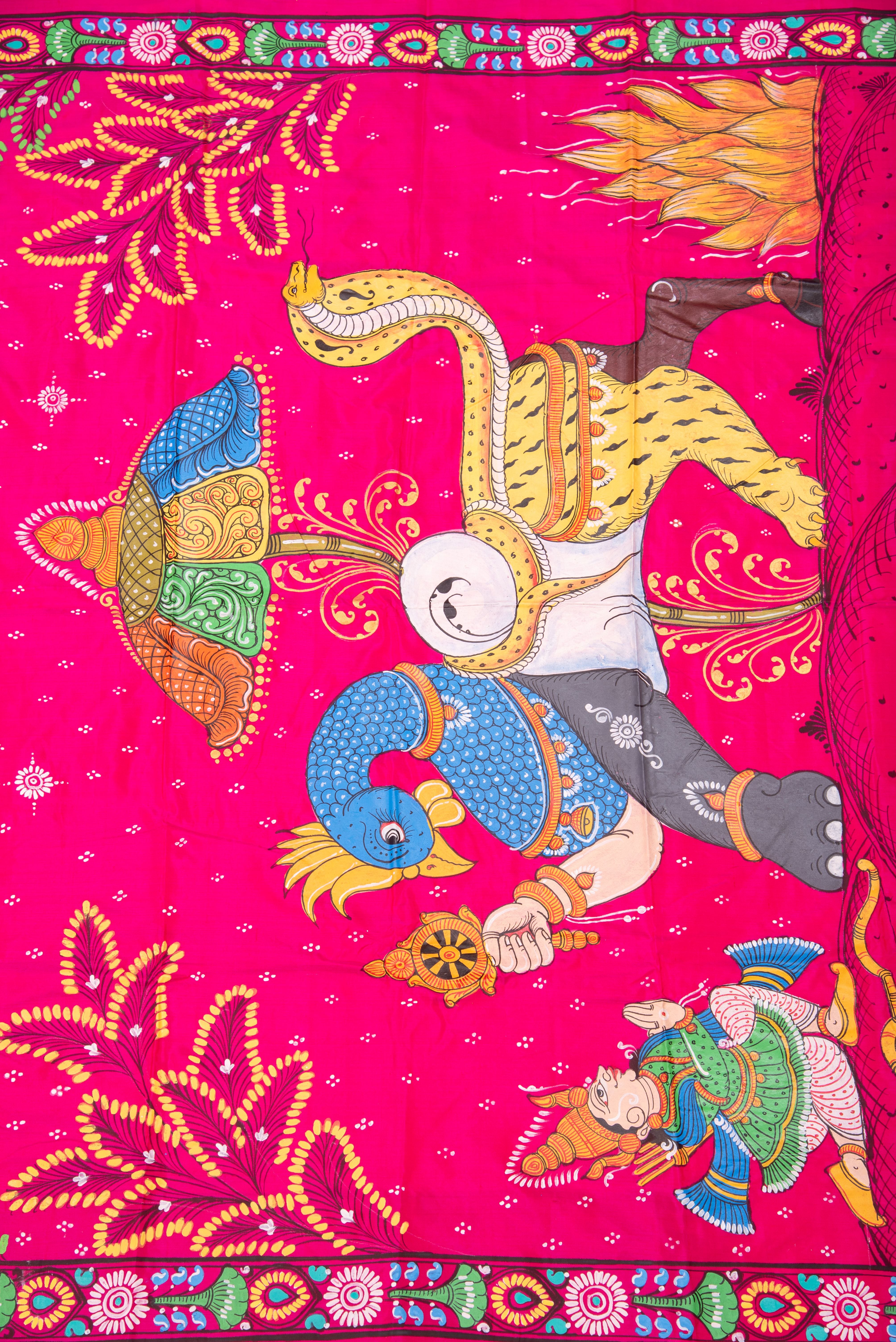 Pattachitra hand painted saree on pure silk - Navagunjara Theme(Creature with nine animals)