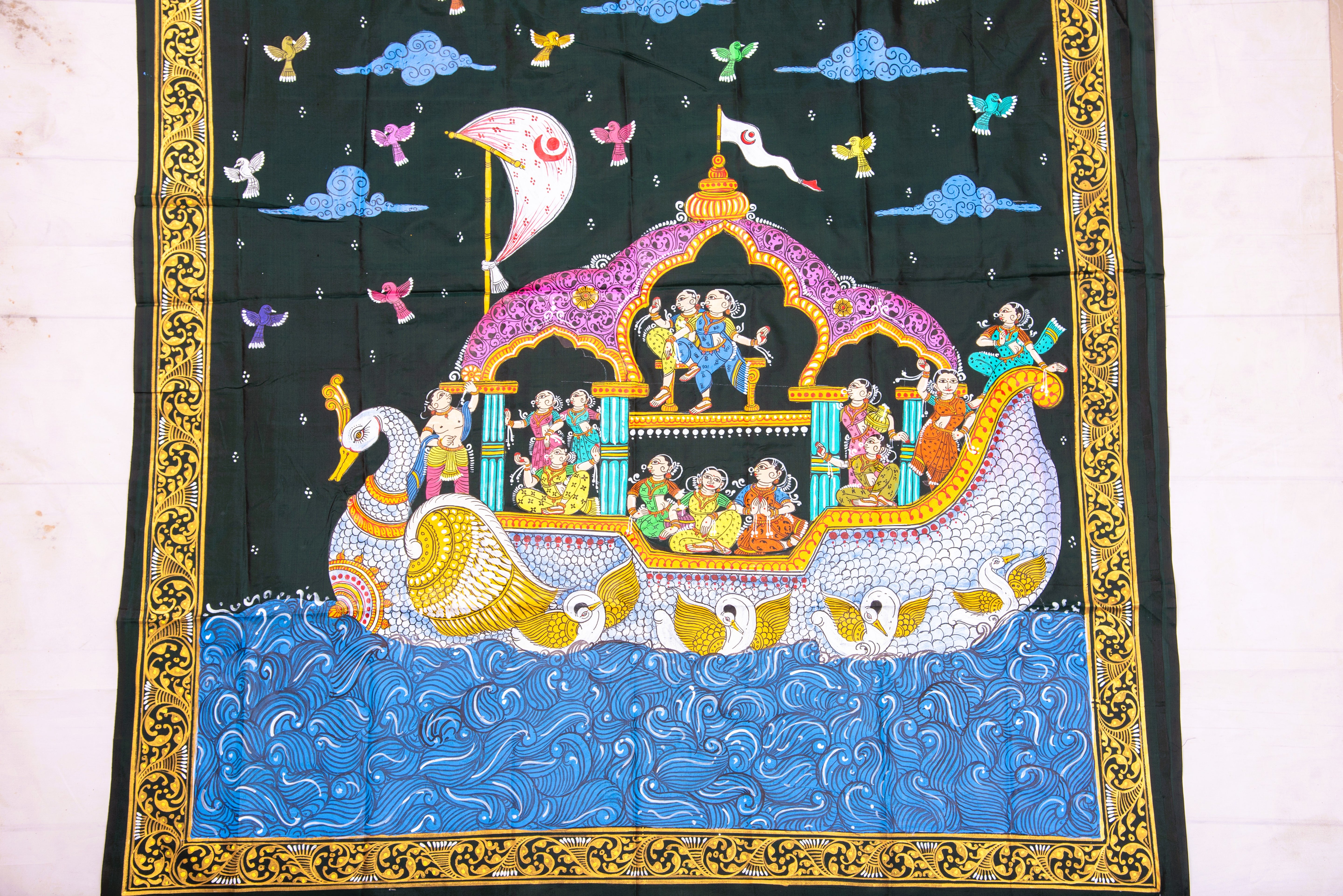 Pattachitra hand painted saree on pure silk - Nartaki Naukavihar Theme