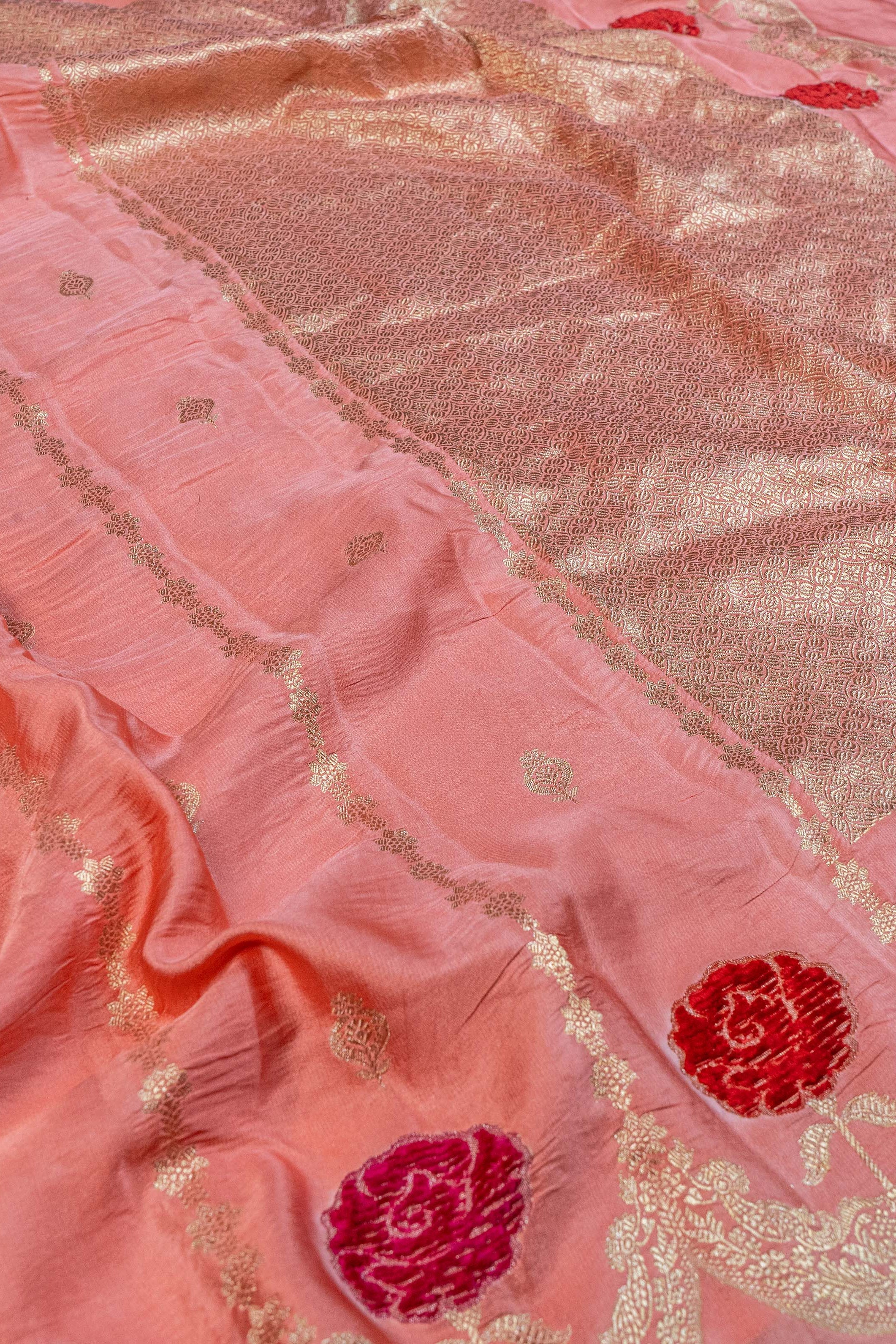 Banarasi Mashru Silk Velvet Meenakari Saree - peach