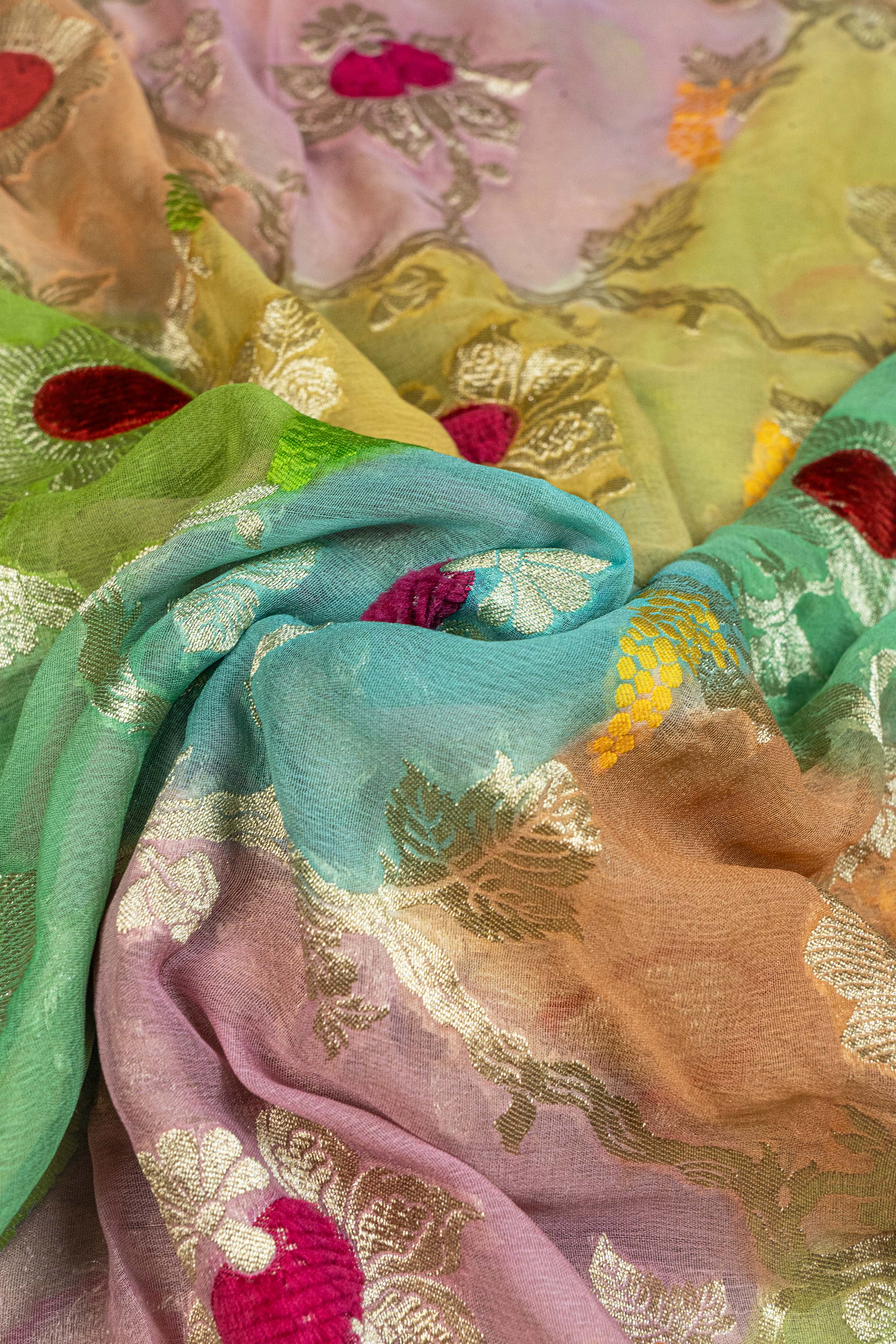 Banarasi Khaddi Georgette Velvet Meena Saree - multicolor