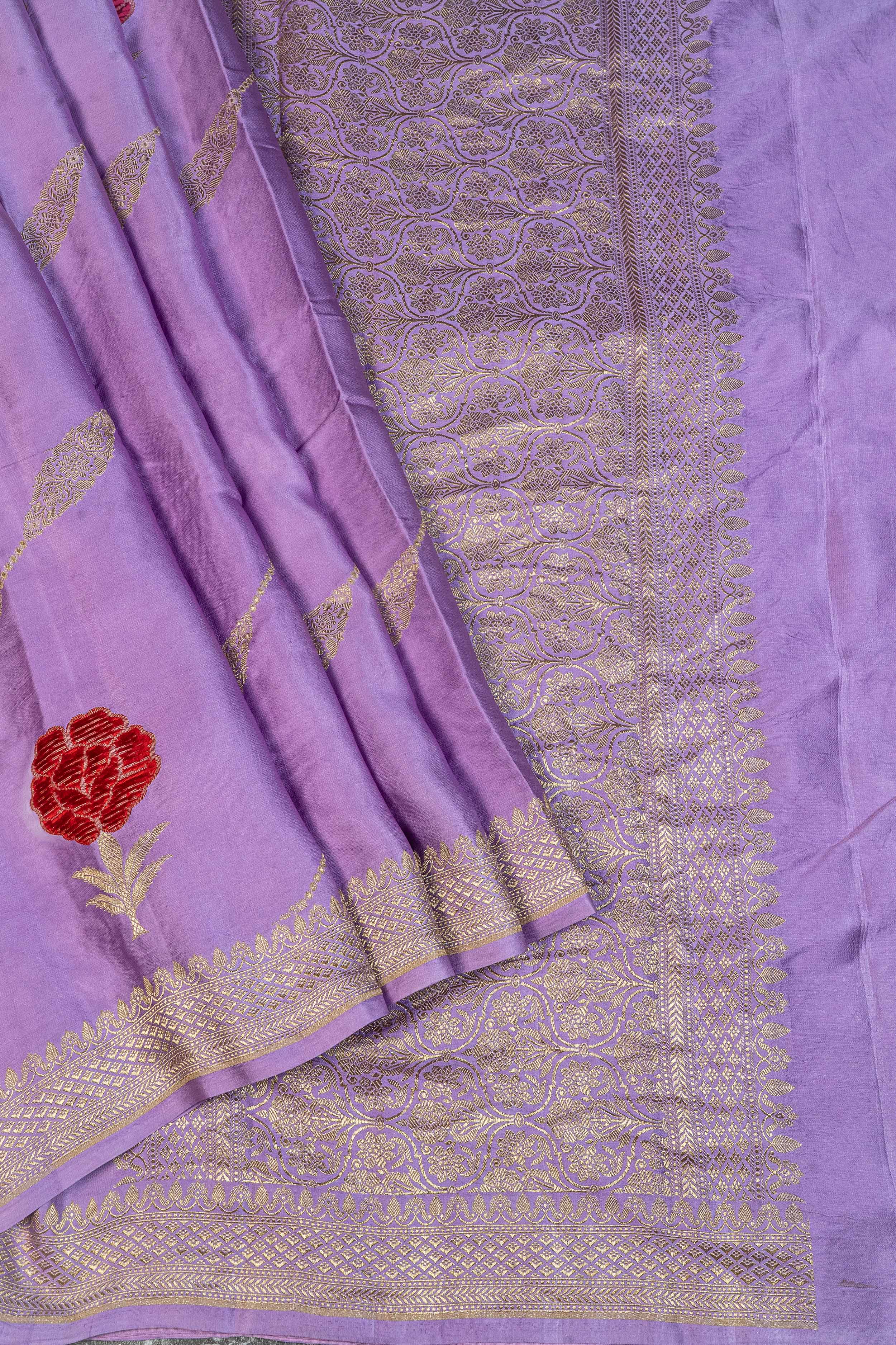 Banarasi Mashru Silk Velvet Meenakari Saree - purple
