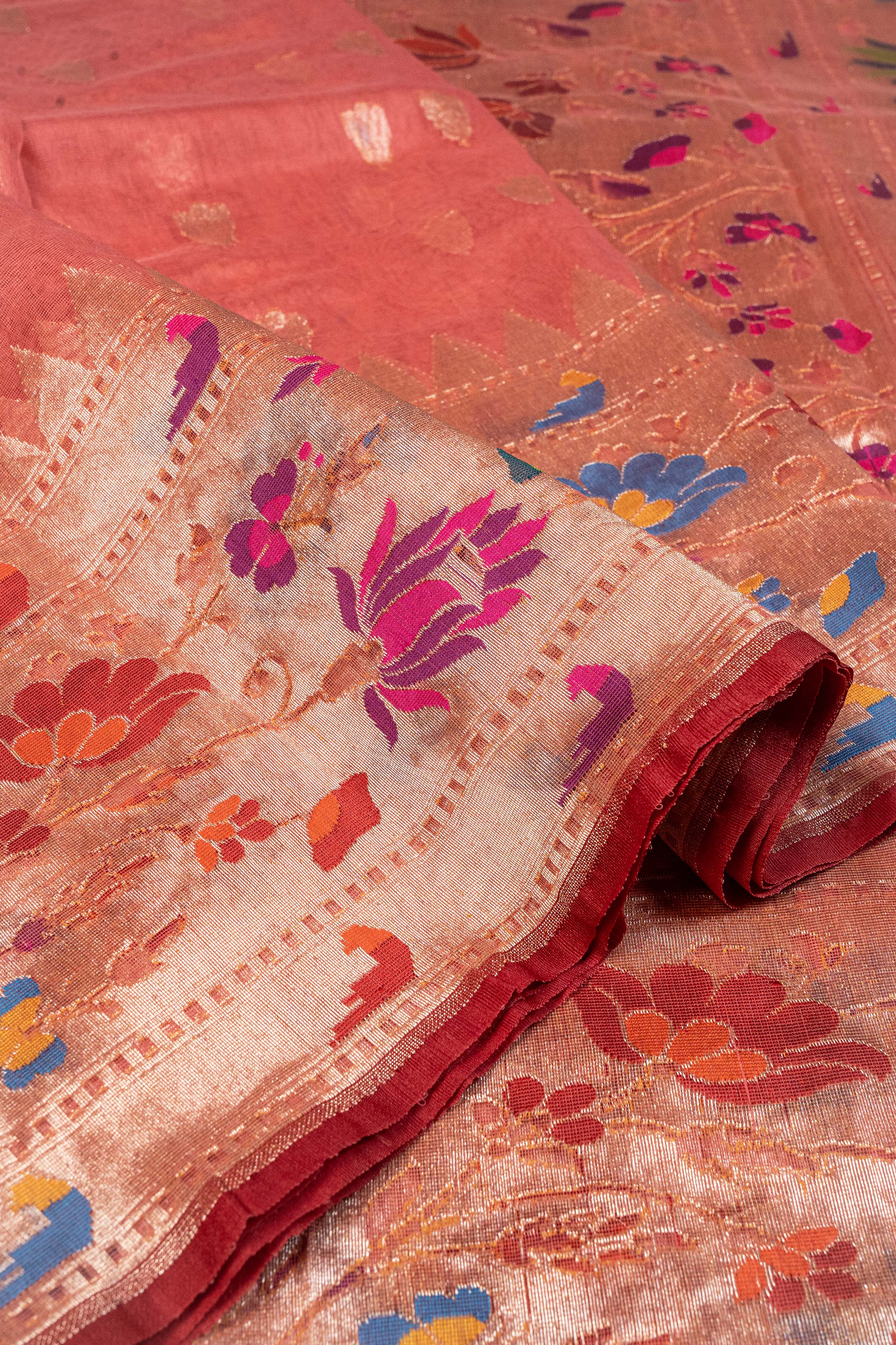 Banarasi Net Jamdani with Paithani border Saree - pastel orange