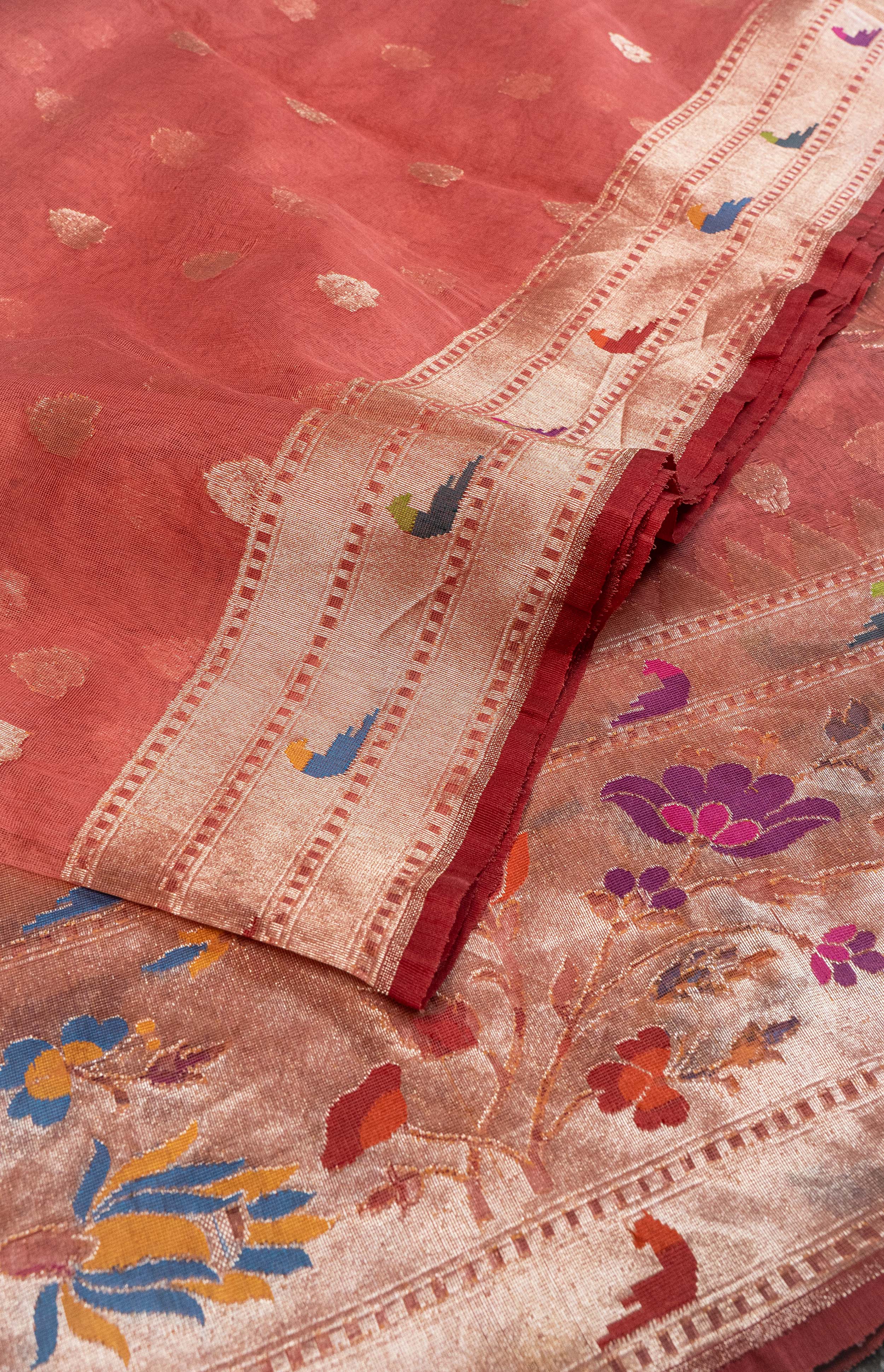 Banarasi Net Jamdani with Paithani border Saree - pastel orange