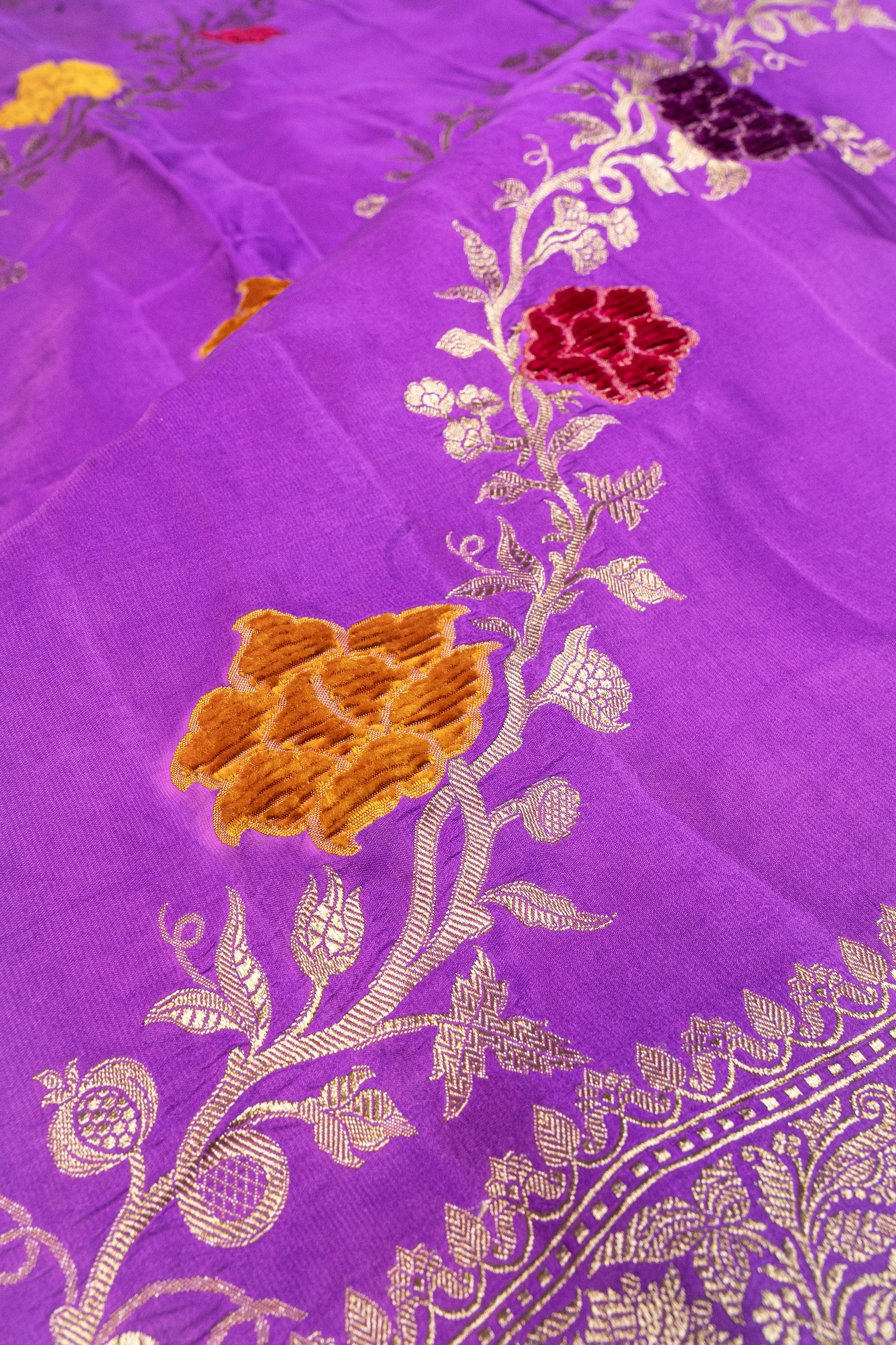 Banarasi Mashru Silk Jaal Velvet Meenakari Saree - purple