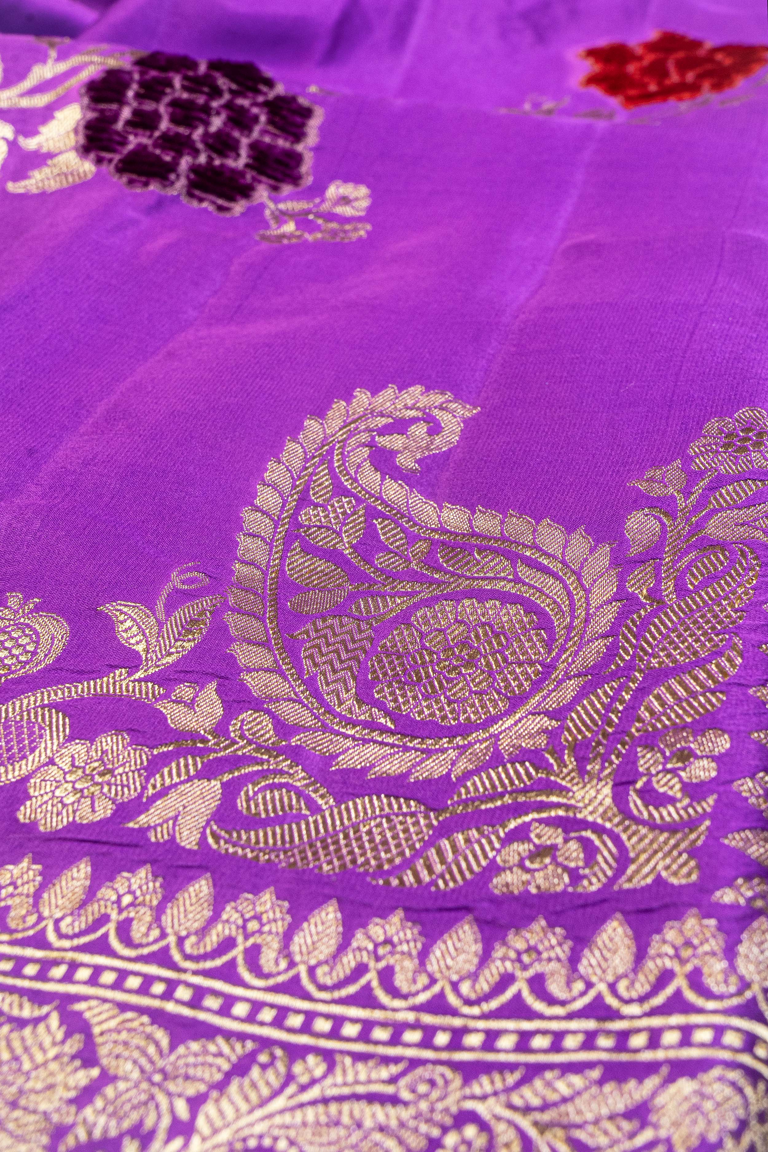 Banarasi Mashru Silk Jaal Velvet Meenakari Saree - purple