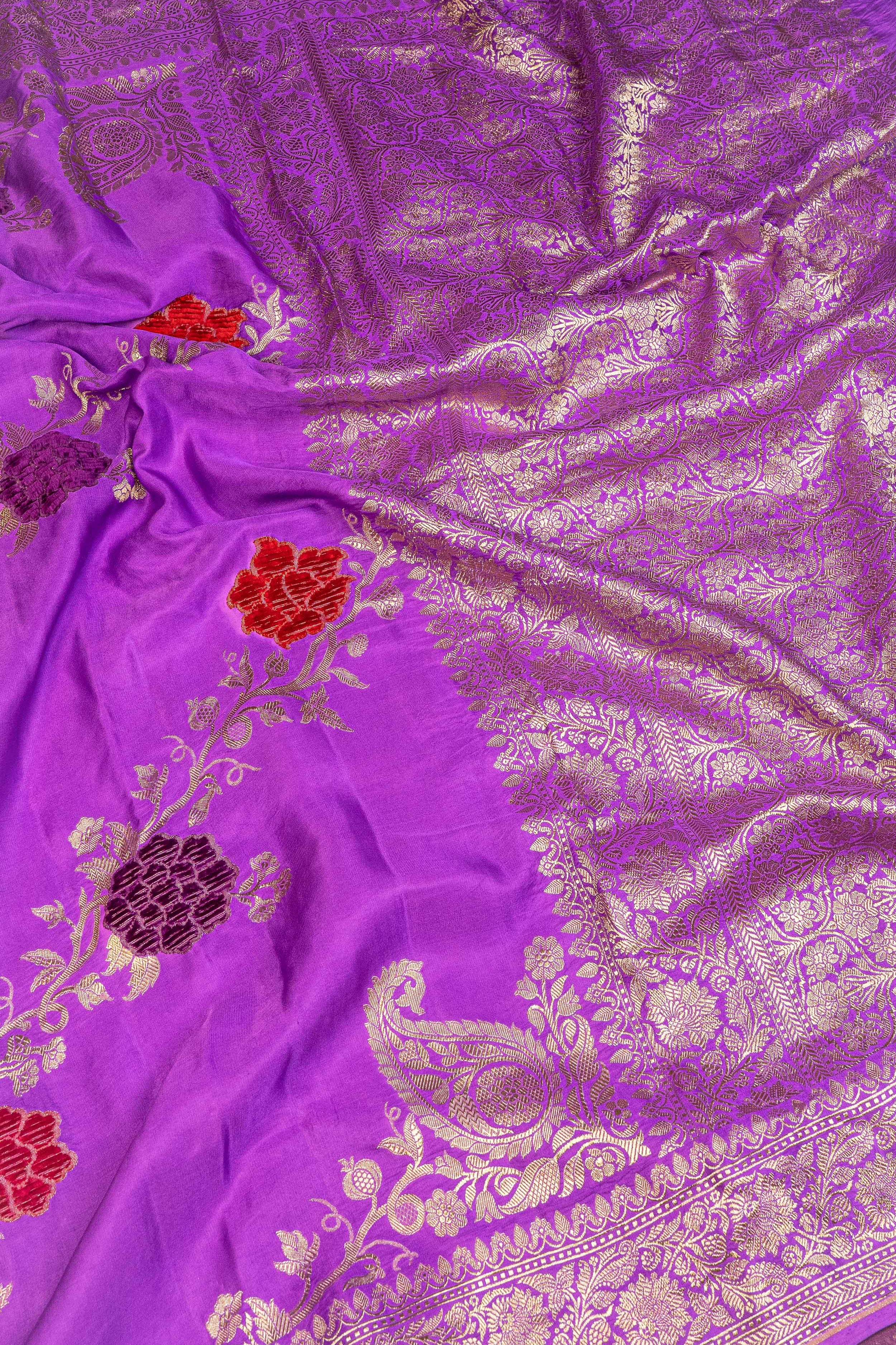 Banarasi Mashru Silk Jaal Velvet Meenakari Saree - purple