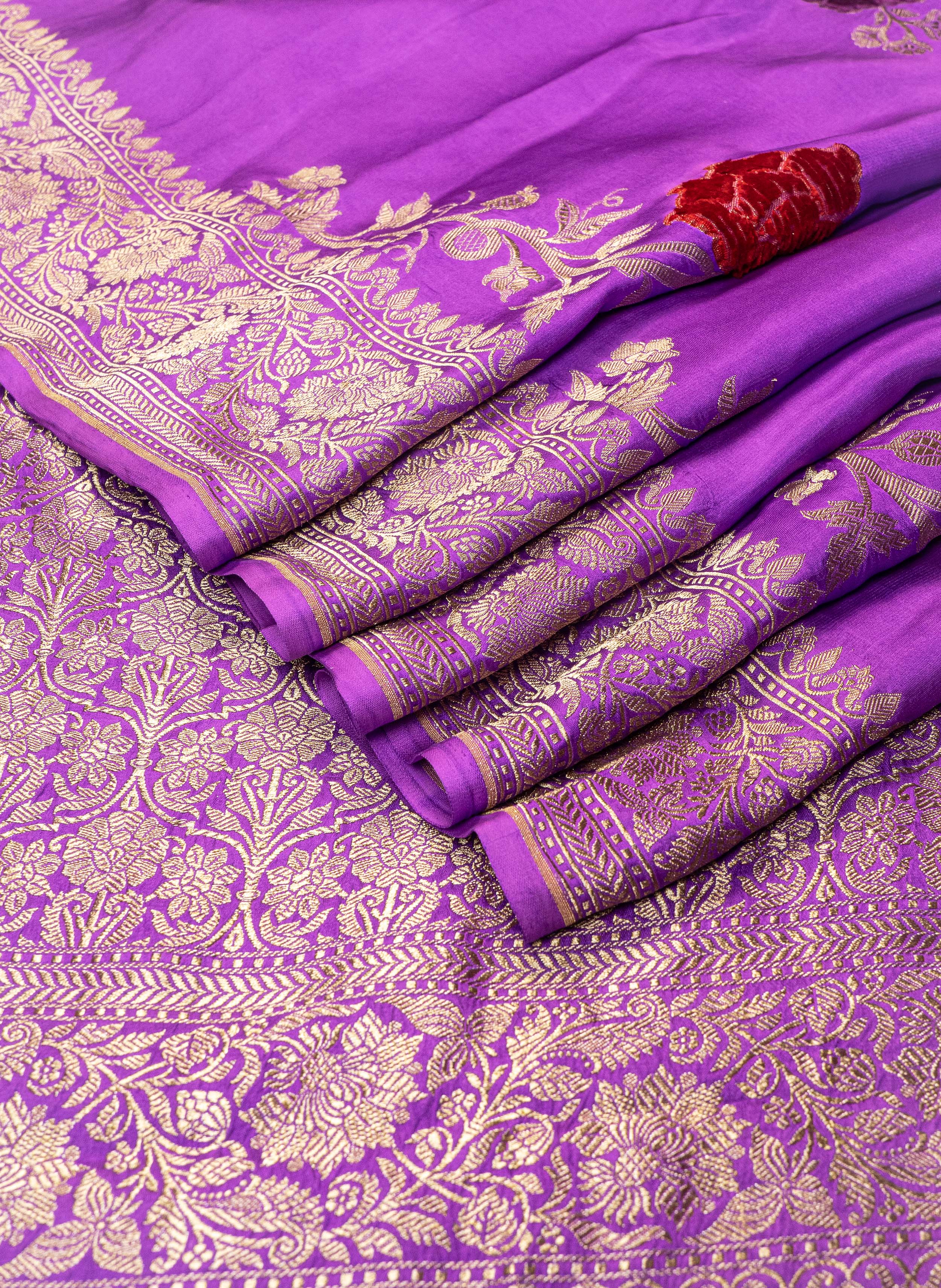 Banarasi Mashru Silk Jaal Velvet Meenakari Saree - purple