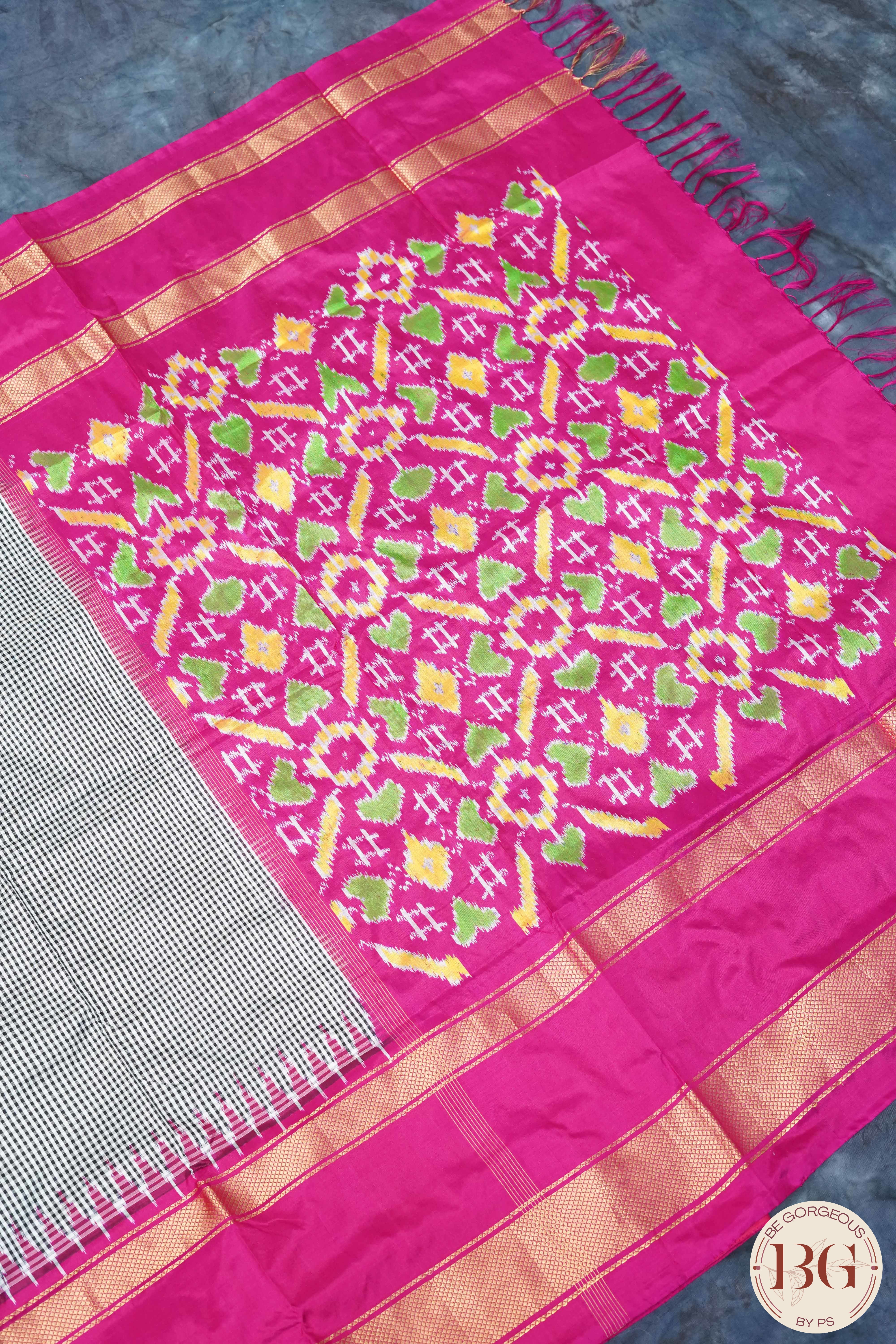 Ikkat Pure silk handloom saree with checks and pink border - Black Pink