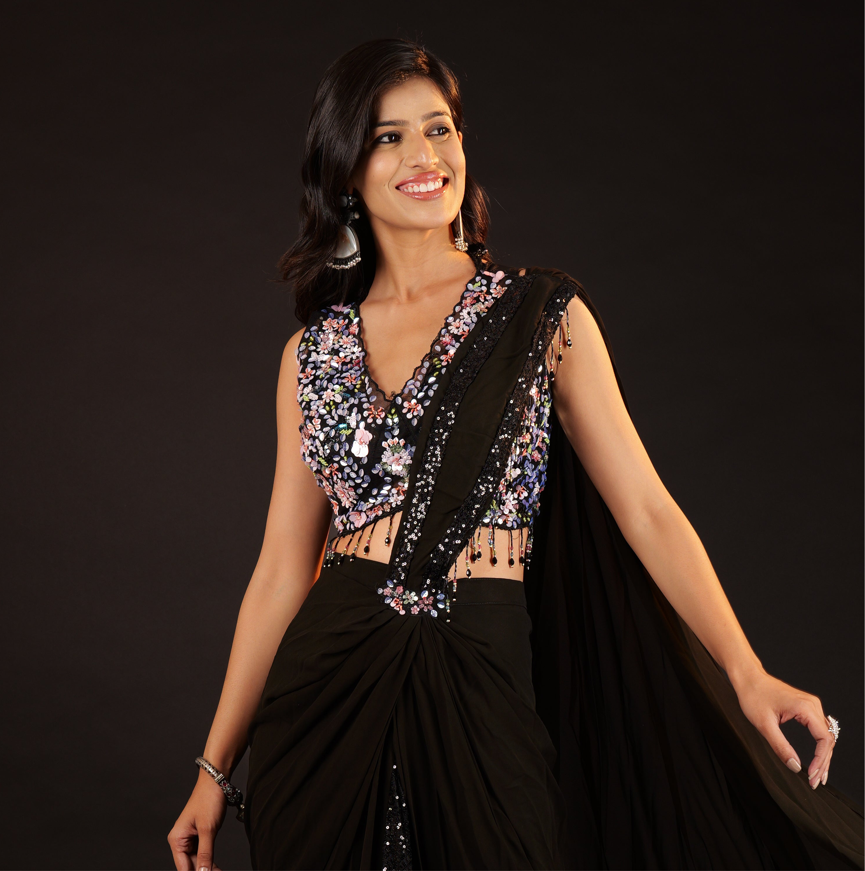Pre Stitched Saree - black