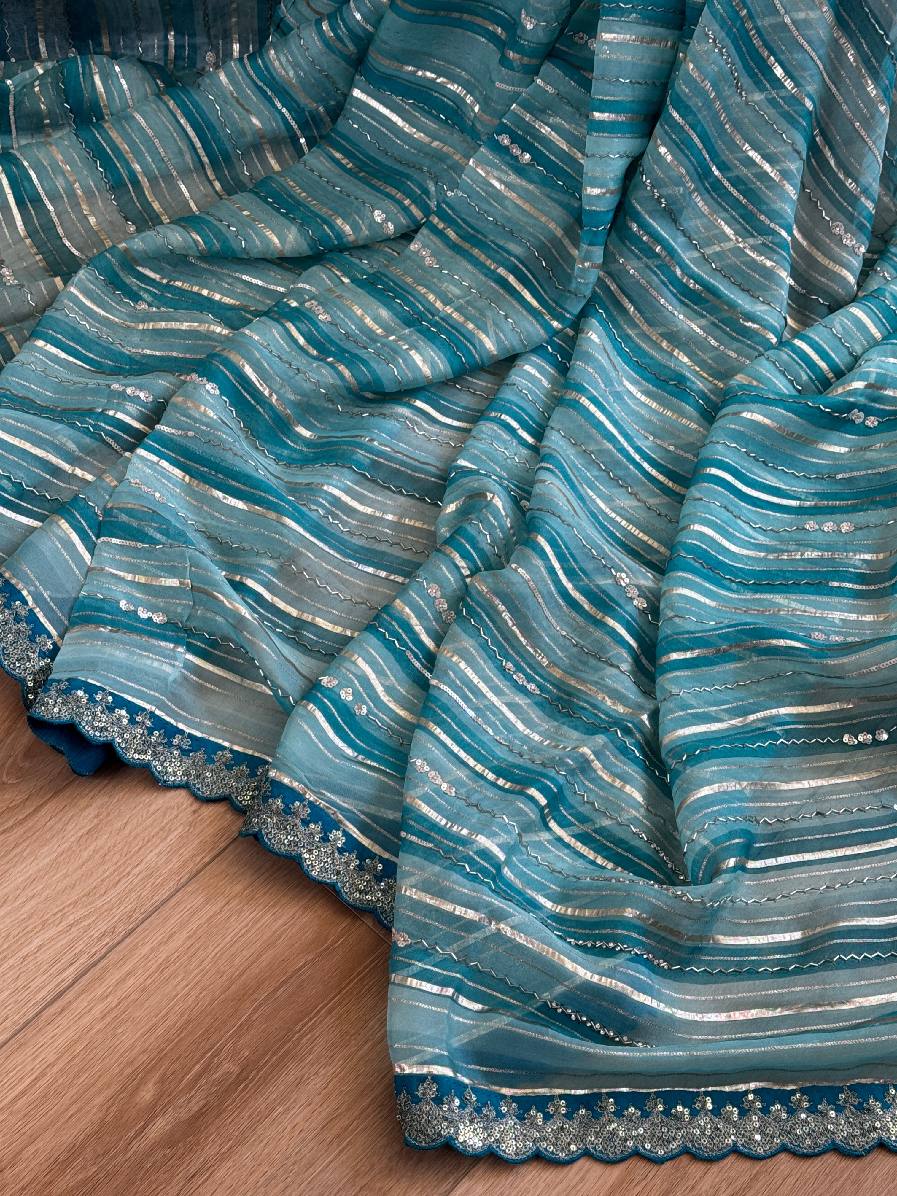 Organza Saree with stripes, sequin and gota lace - blue