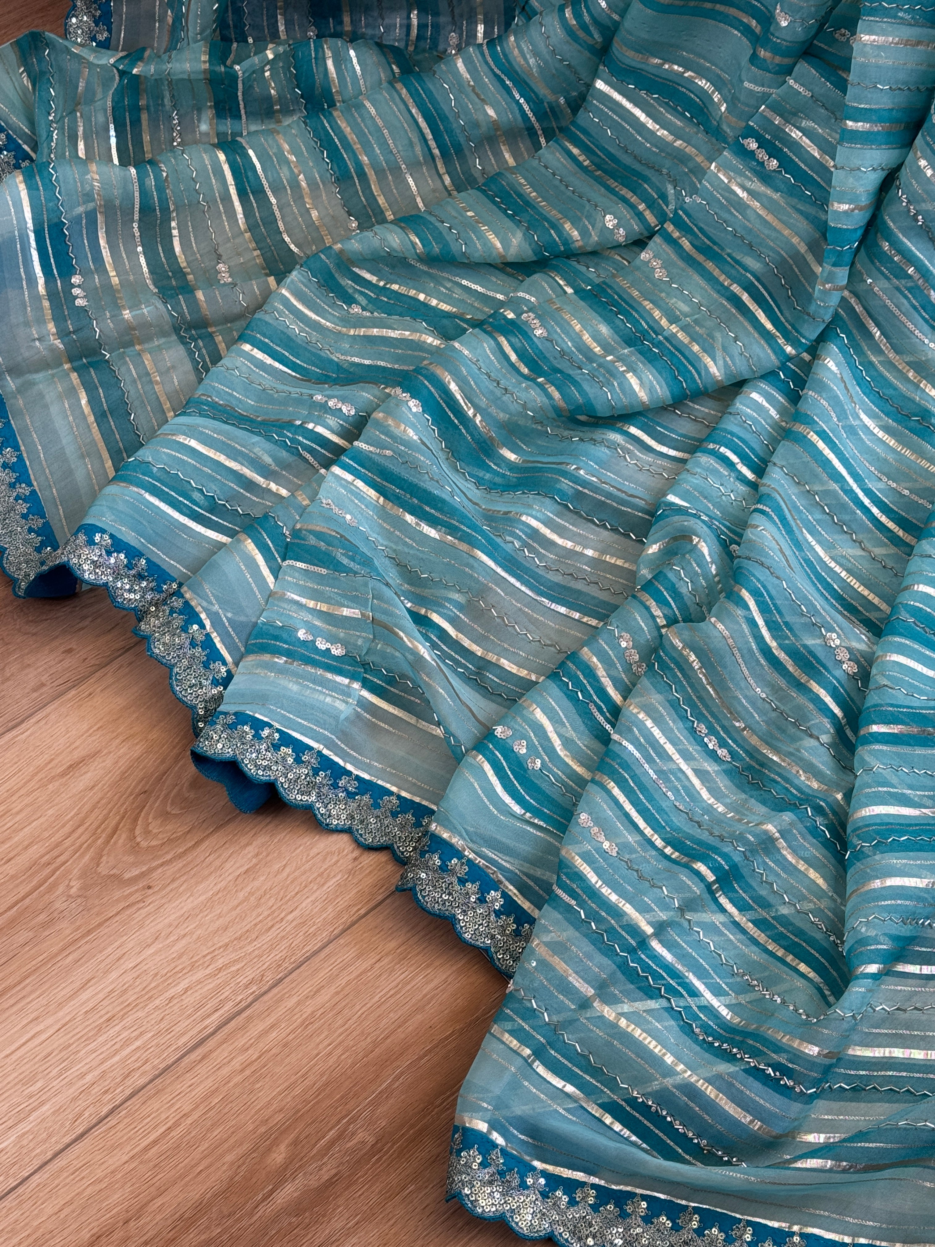 Organza Saree with stripes, sequin and gota lace - blue