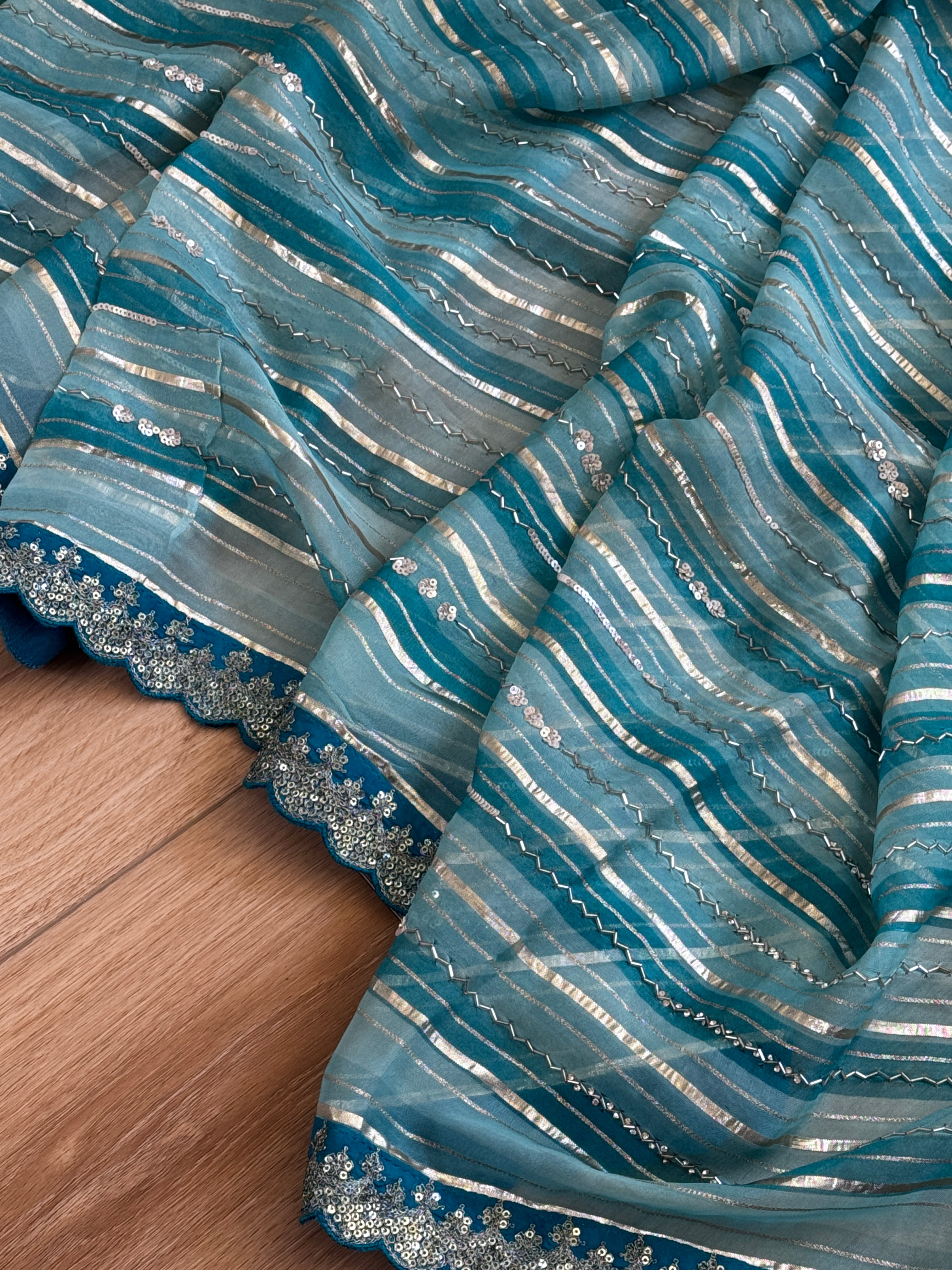Organza Saree with stripes, sequin and gota lace - blue