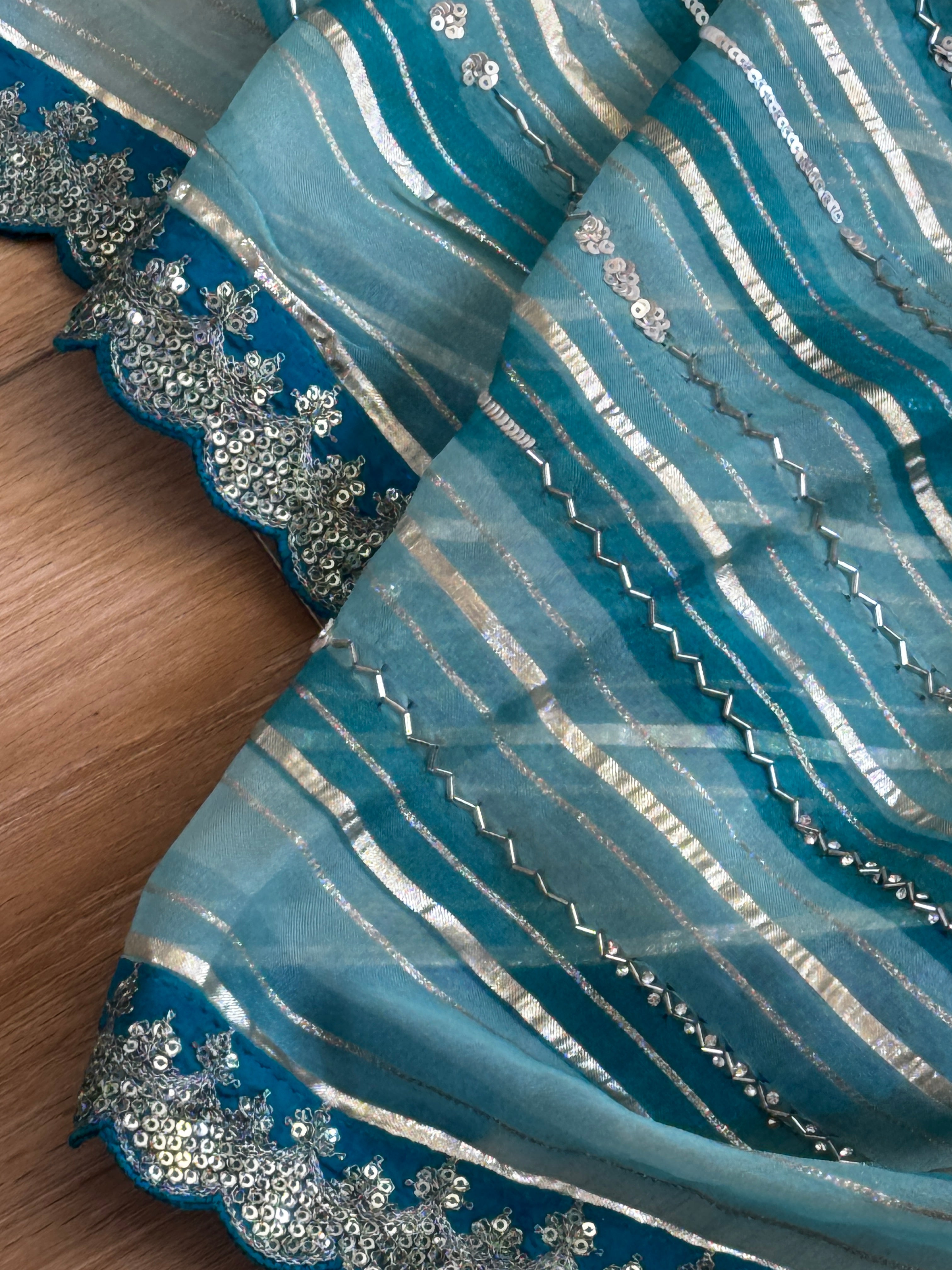 Organza Saree with stripes, sequin and gota lace - blue