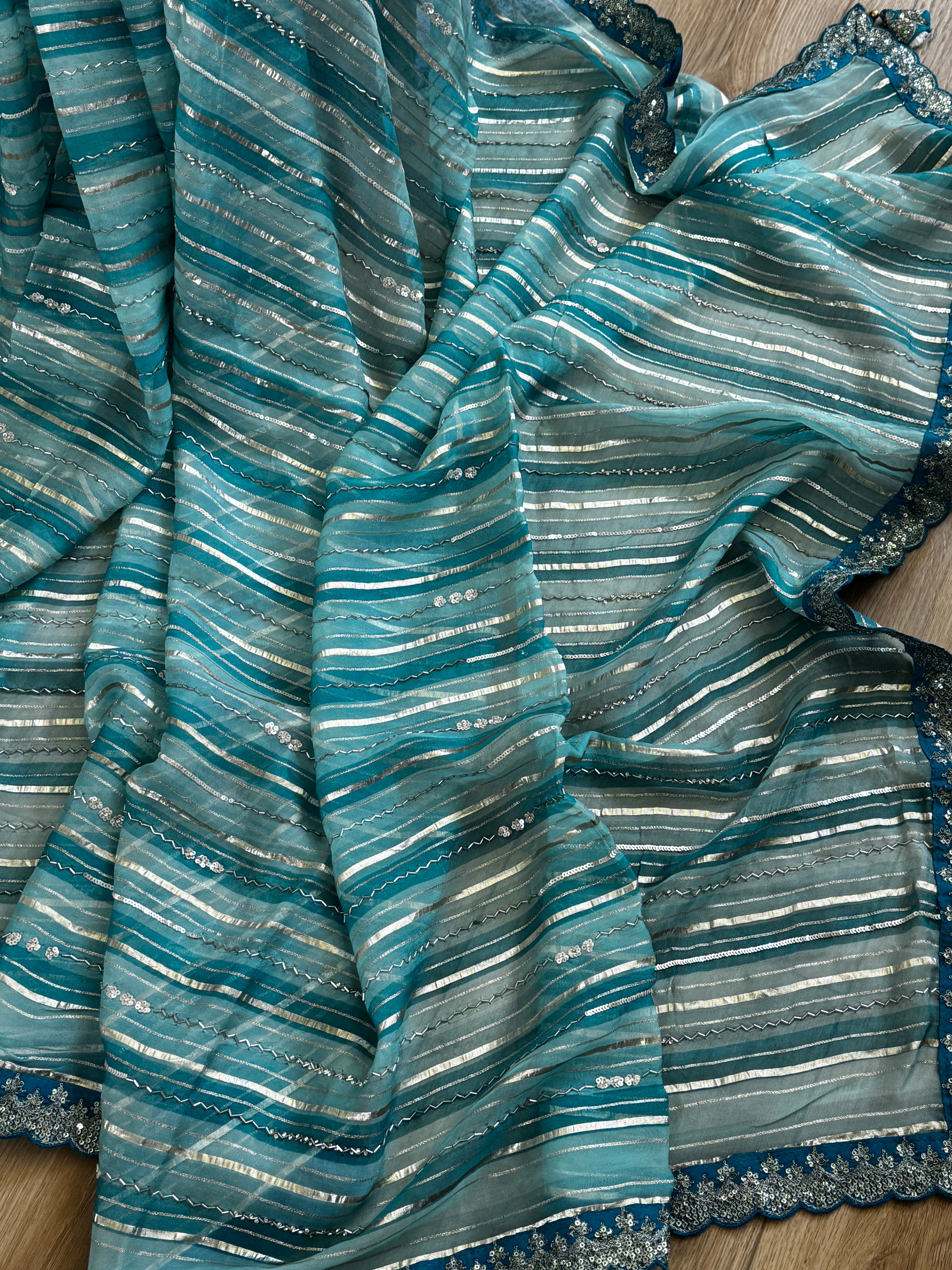Organza Saree with stripes, sequin and gota lace - blue