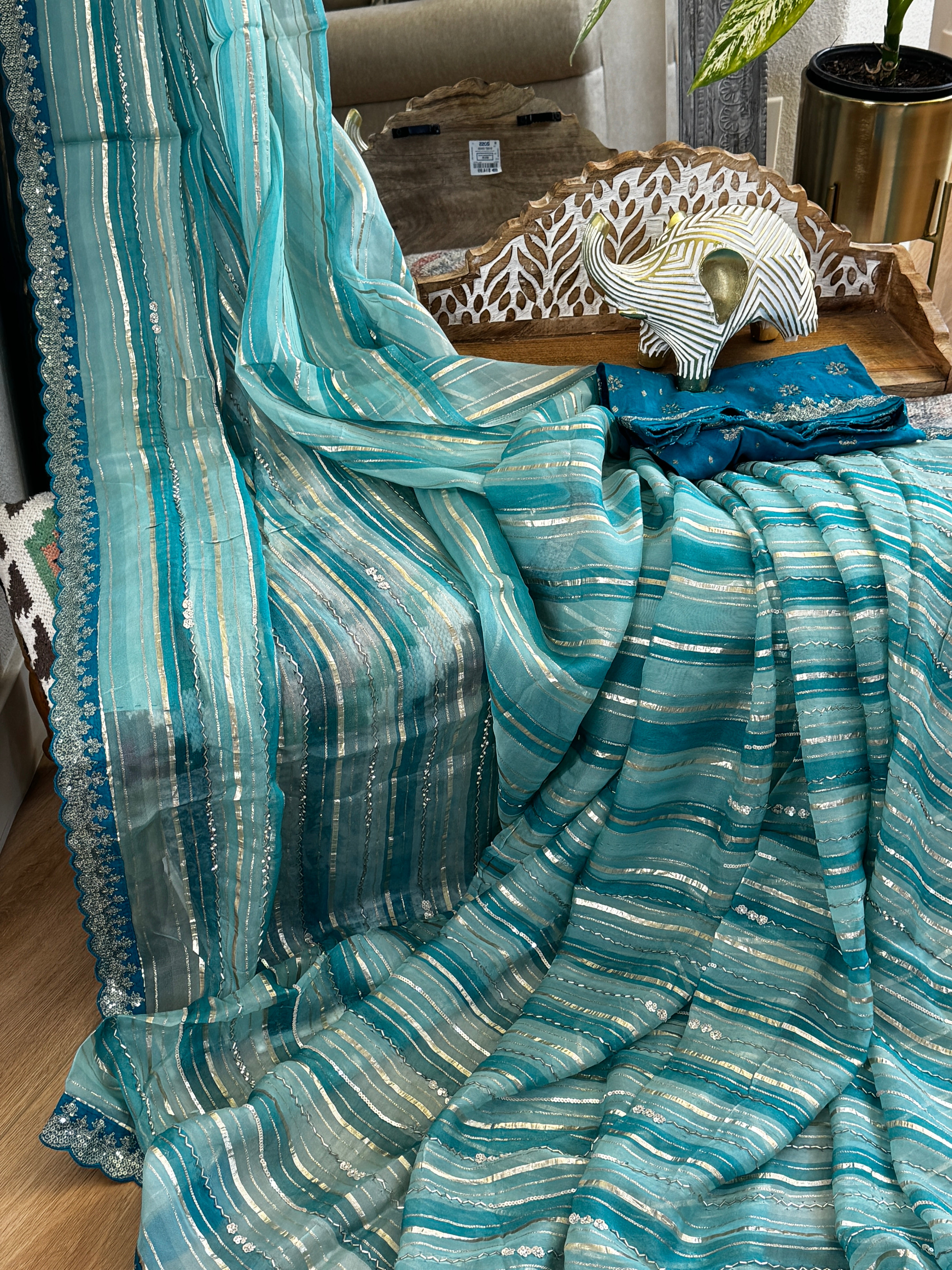Organza Saree with stripes, sequin and gota lace - blue