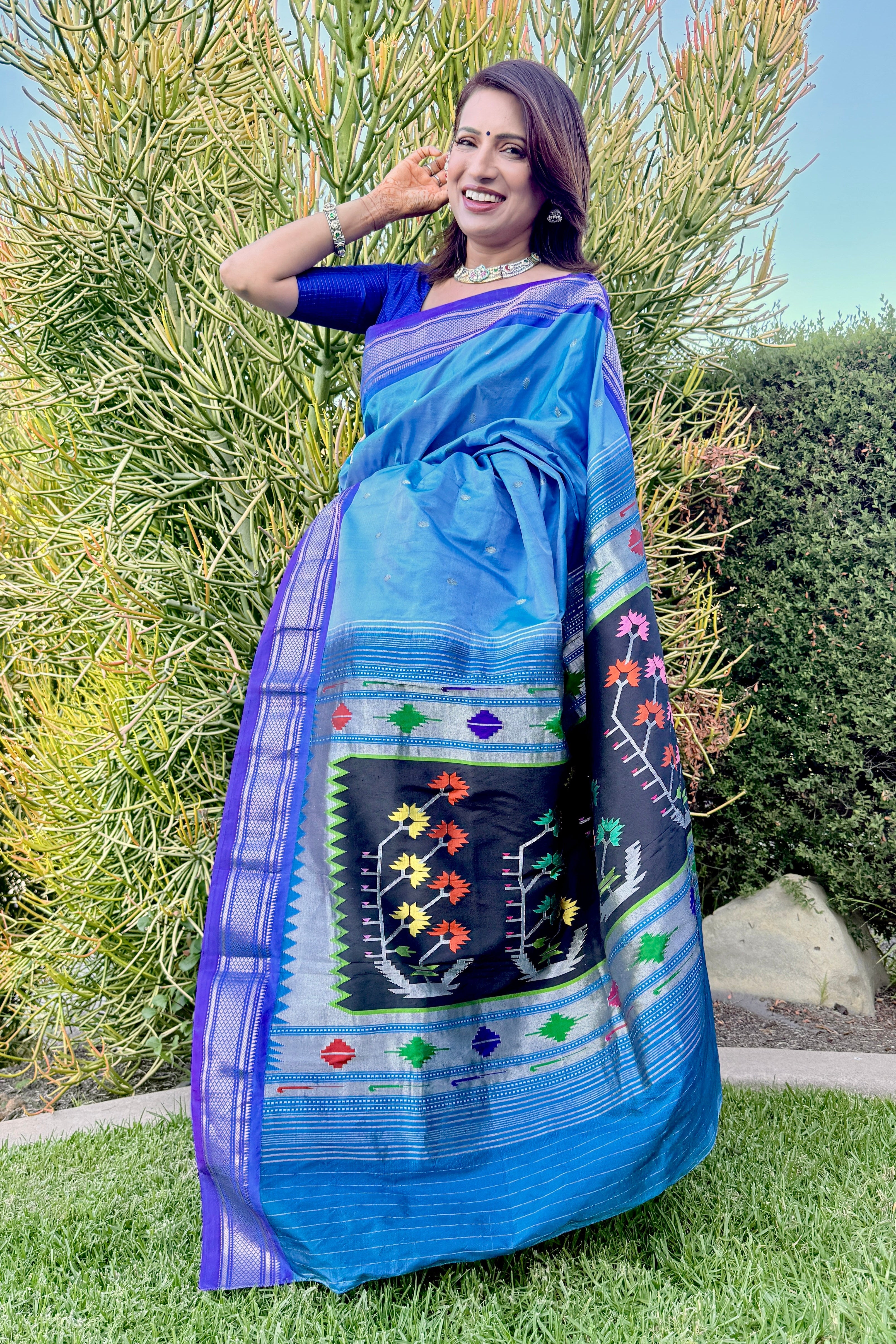 Paithani Assawali Pure silk handloom saree - sky blue