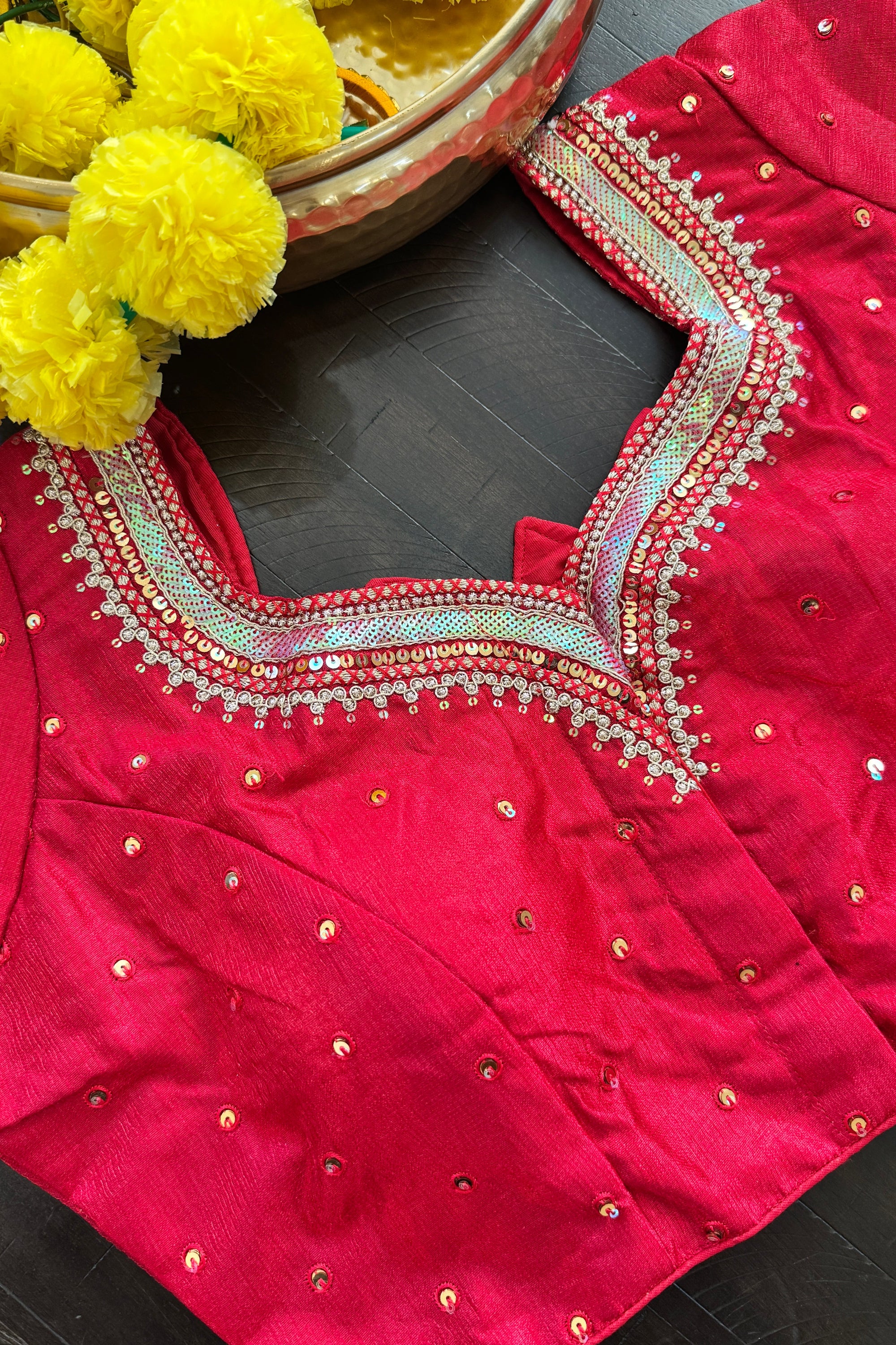 Readymade Padded Raw Silk embroidered front hooks blouse with sleeves