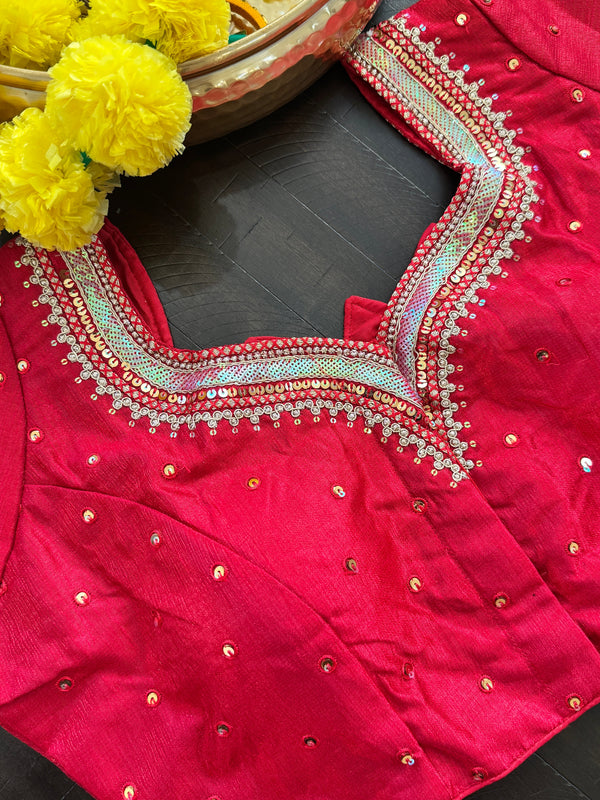 Readymade Padded Raw Silk embroidered front hooks blouse with sleeves