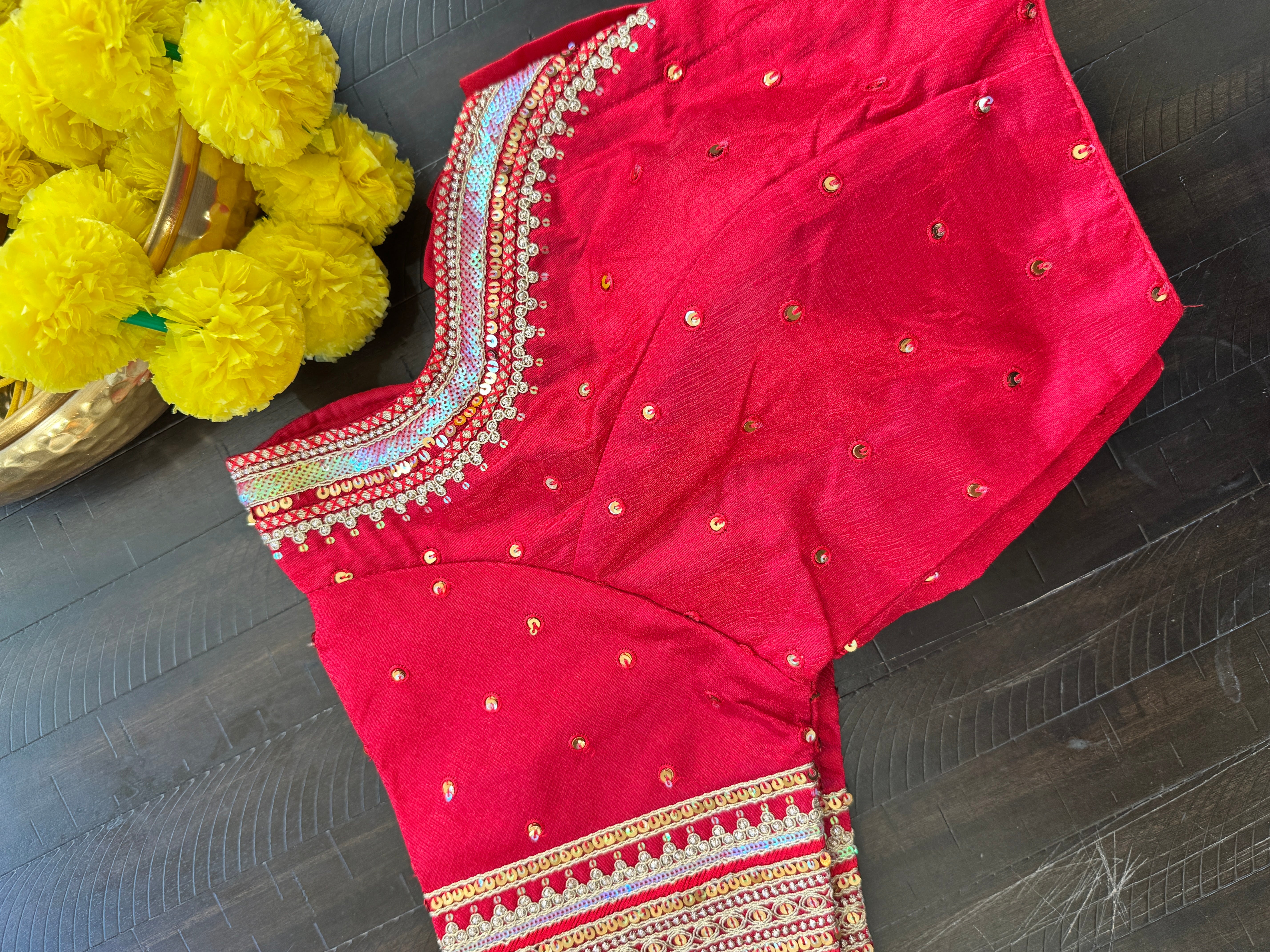 Readymade Padded Raw Silk embroidered front hooks blouse with sleeves