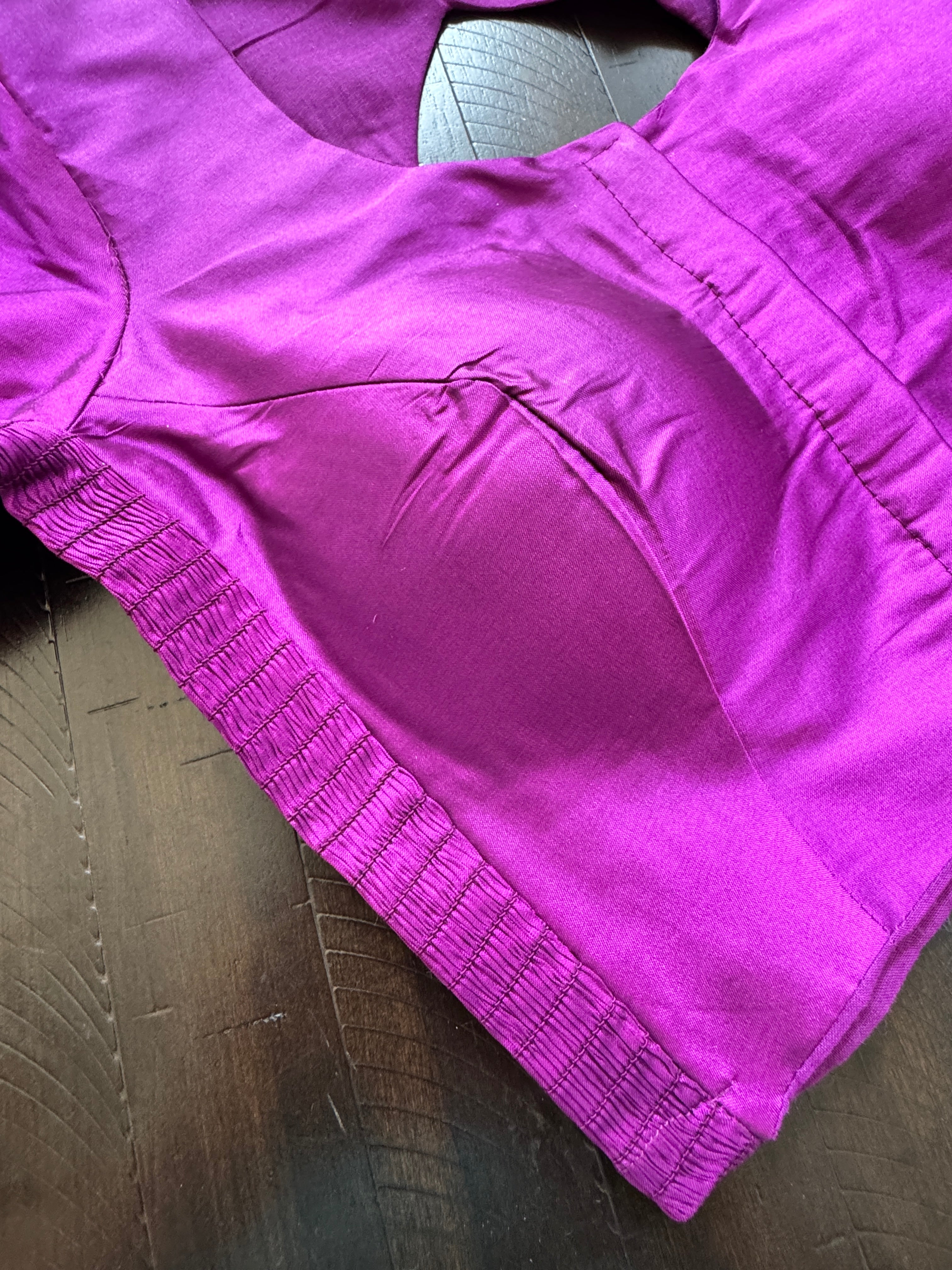 Raw Silk padded strechable blouse with front hooks and sleeves - purple