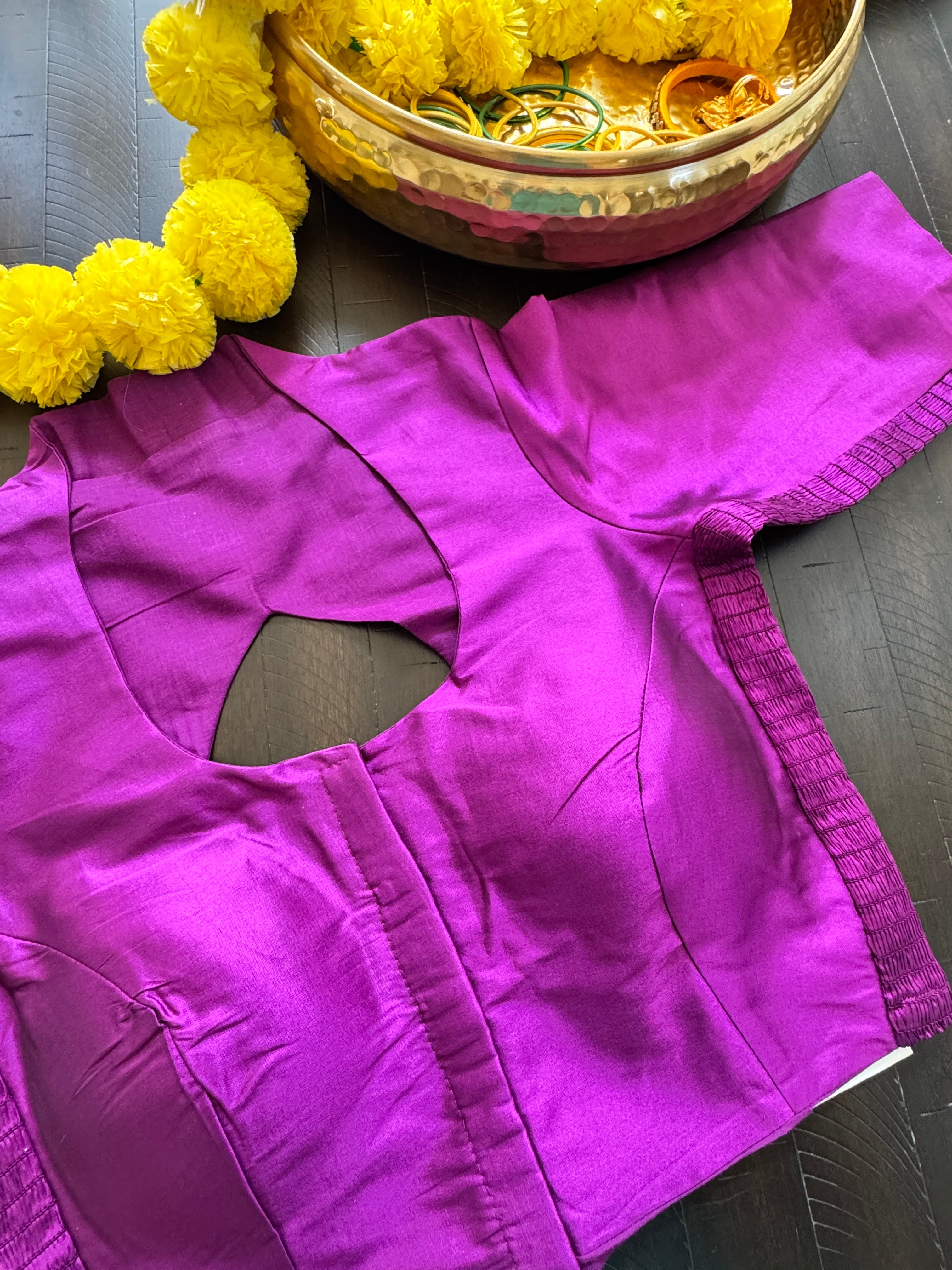 Raw Silk padded strechable blouse with front hooks and sleeves - purple