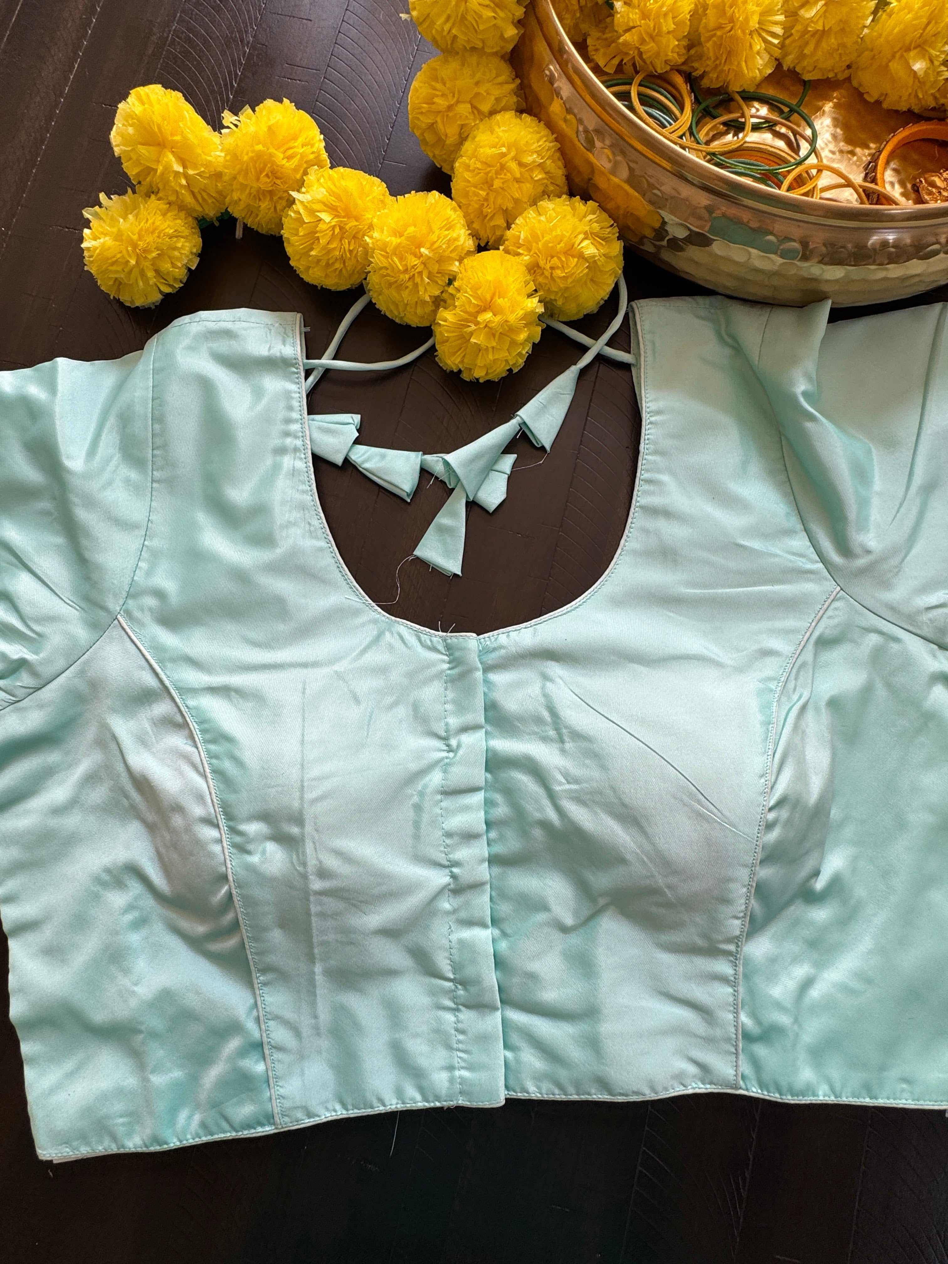 Rawsilk padded readymade blouse with sleeves and front hooks - bluish green