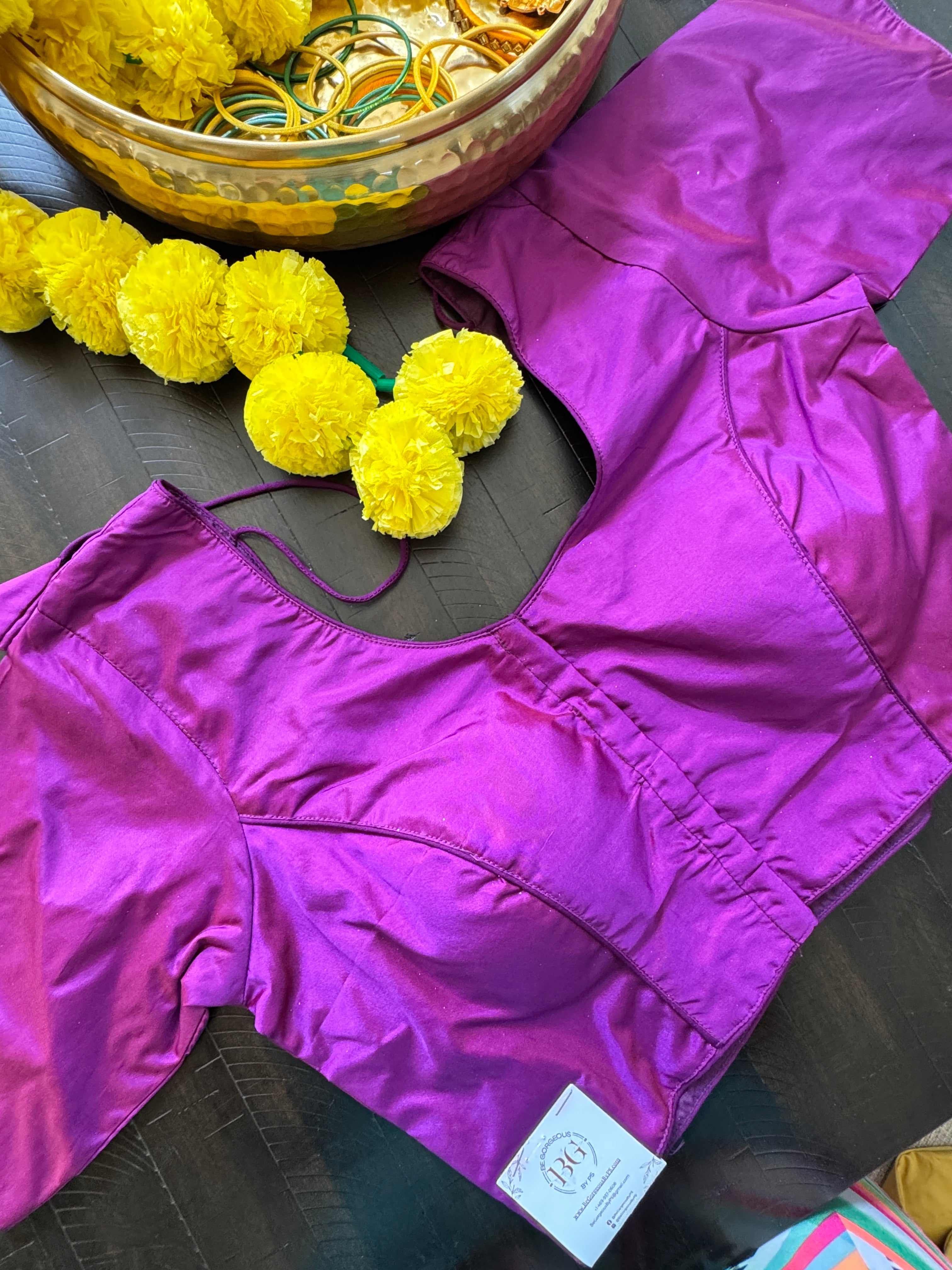 Rawsilk padded readymade blouse with sleeves and front hooks - purple