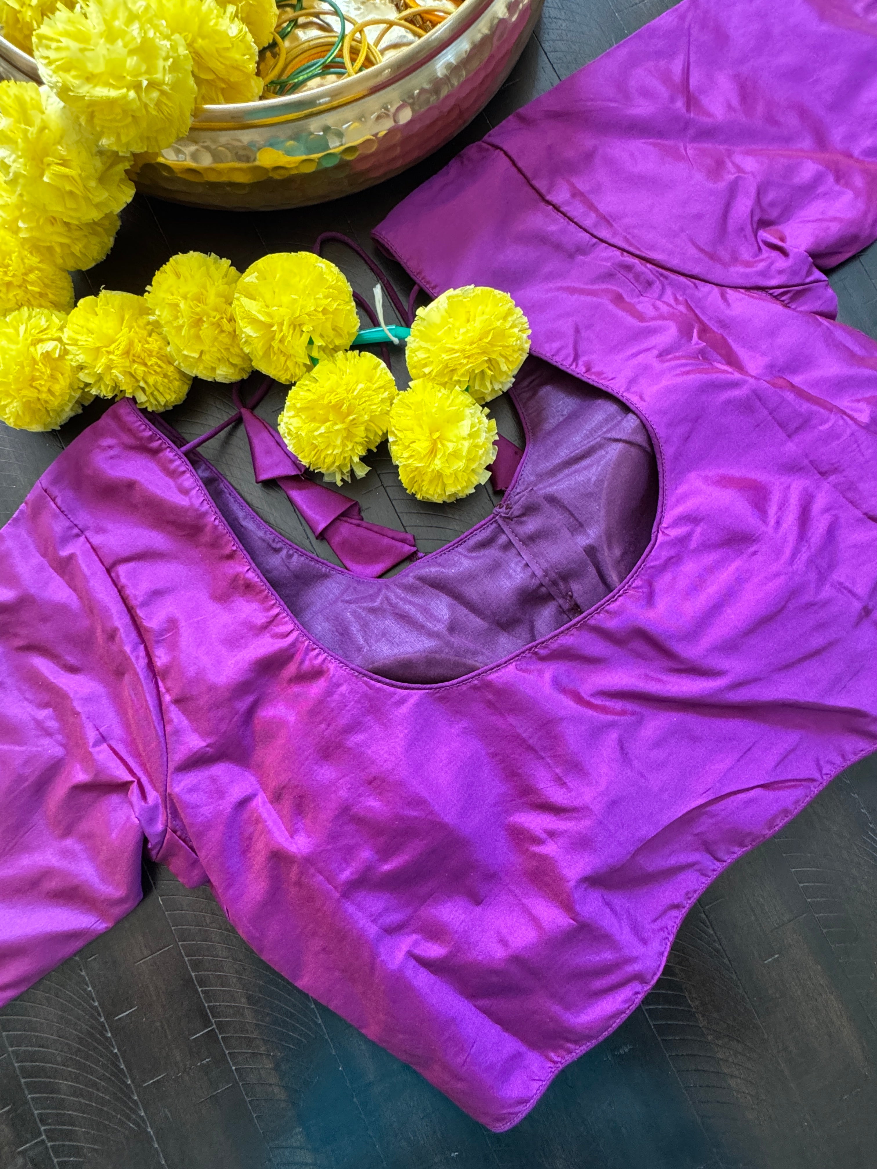 Rawsilk padded readymade blouse with sleeves and front hooks - purple