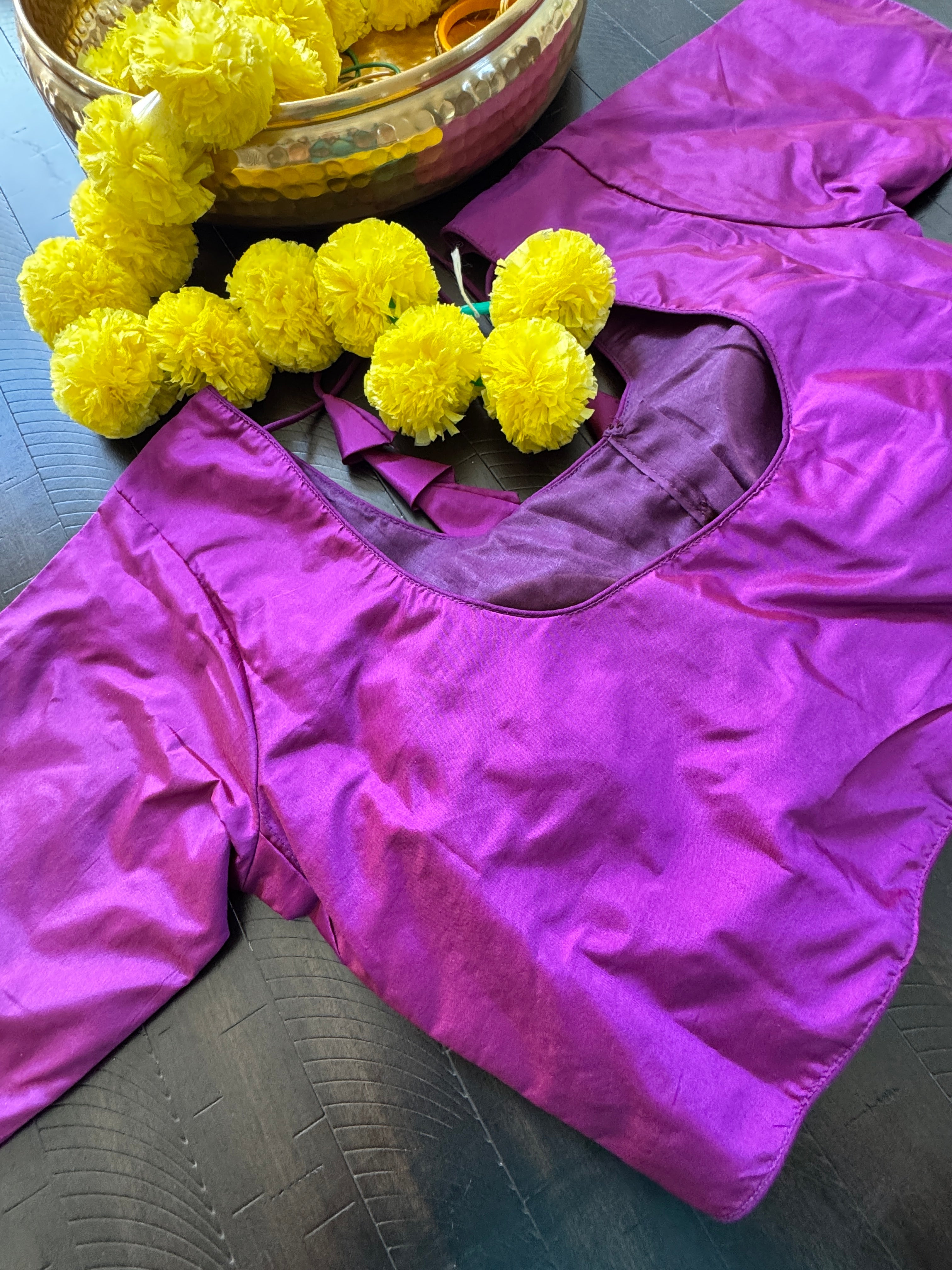 Rawsilk padded readymade blouse with sleeves and front hooks - purple