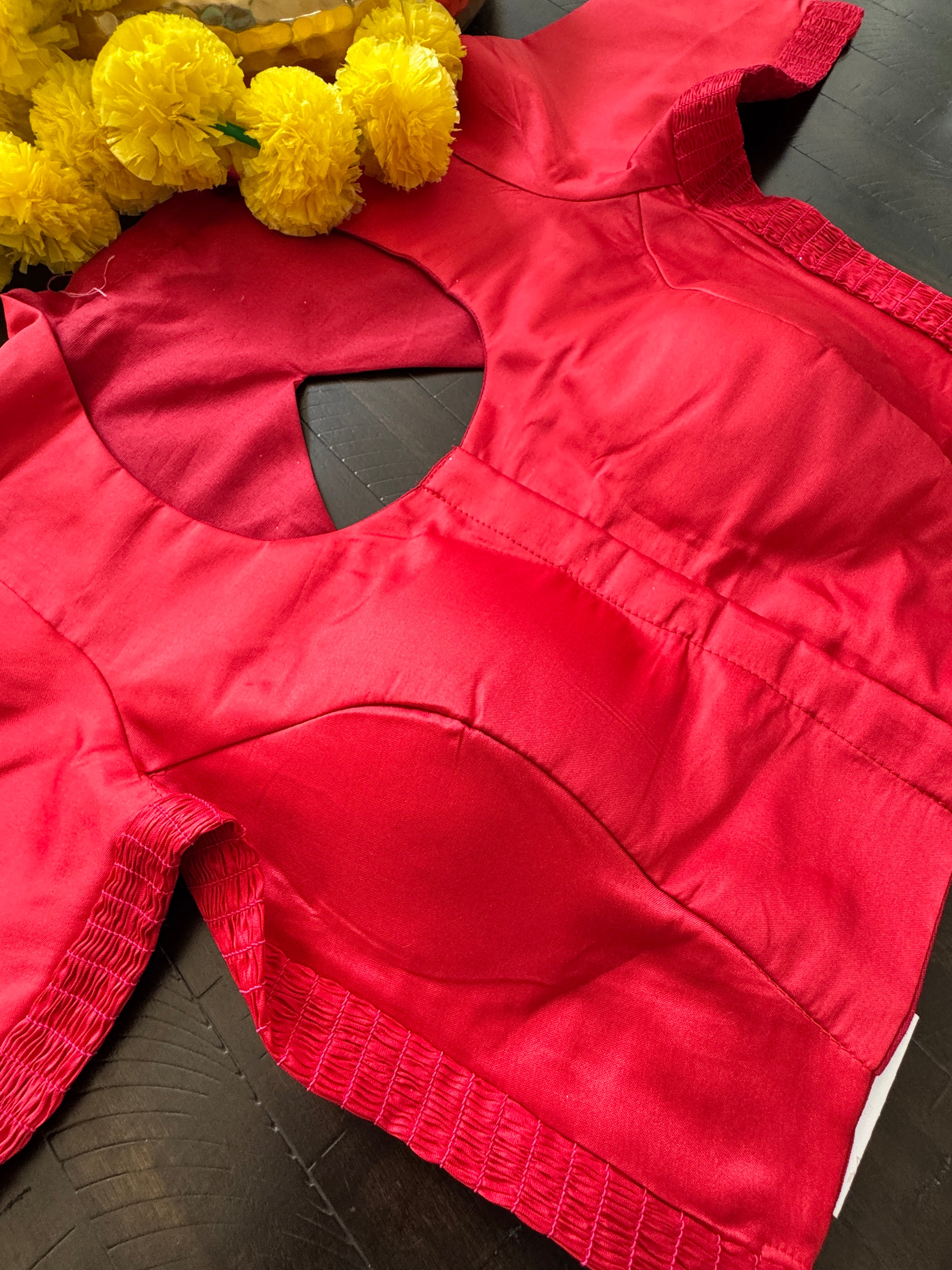 Raw Silk padded strechable blouse with front hooks and sleeves - red