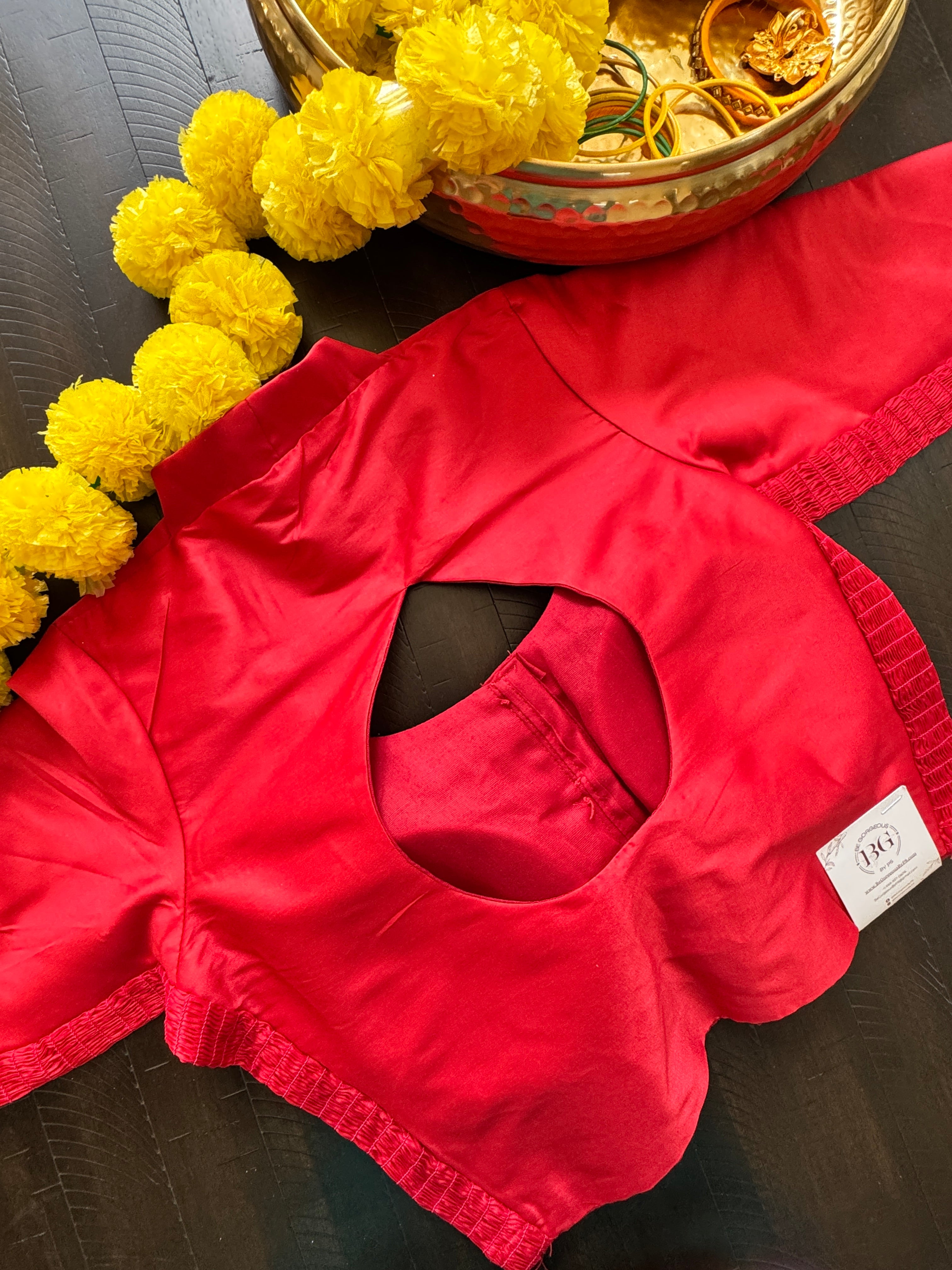 Raw Silk padded strechable blouse with front hooks and sleeves - red