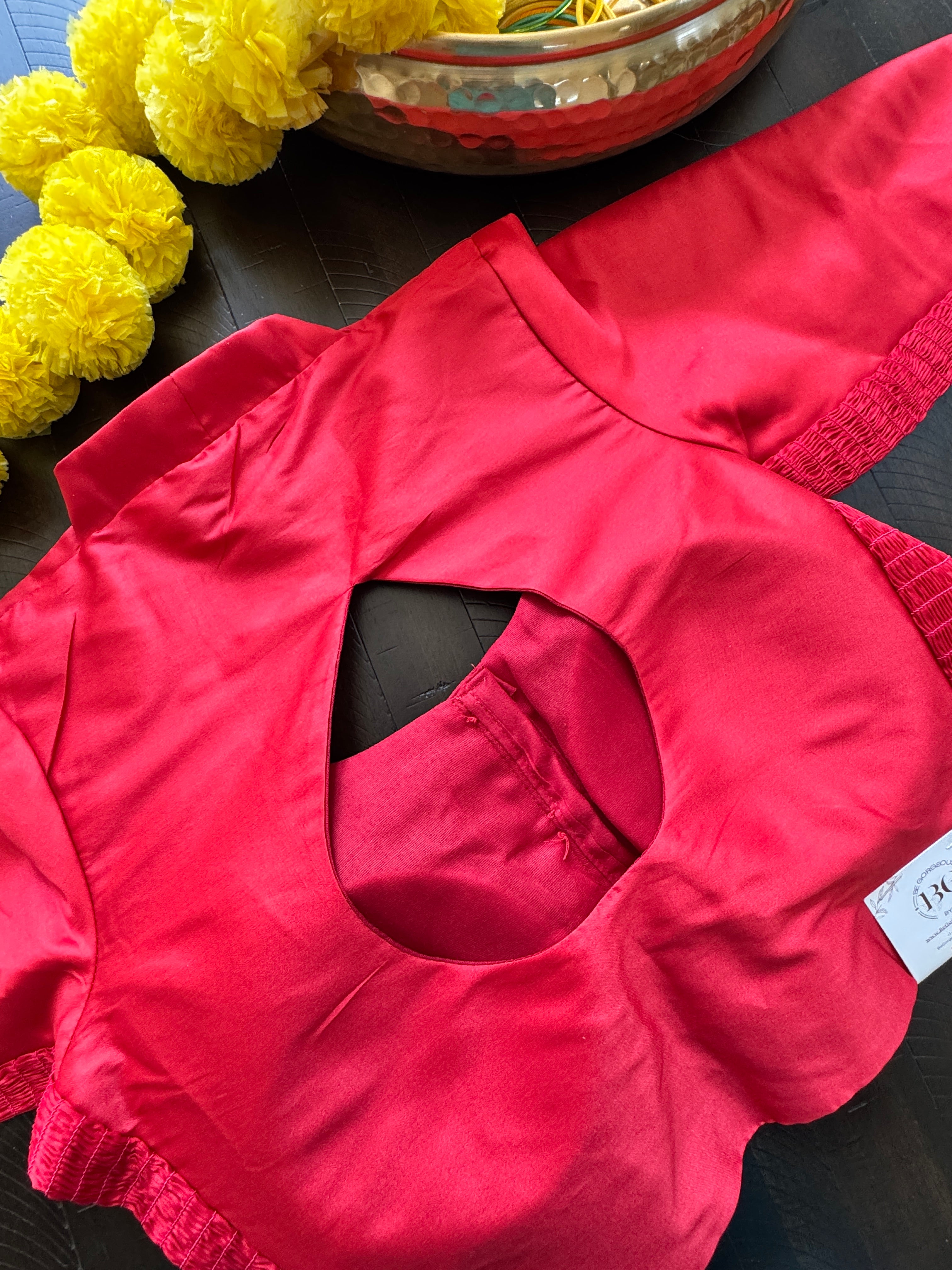 Raw Silk padded strechable blouse with front hooks and sleeves - red