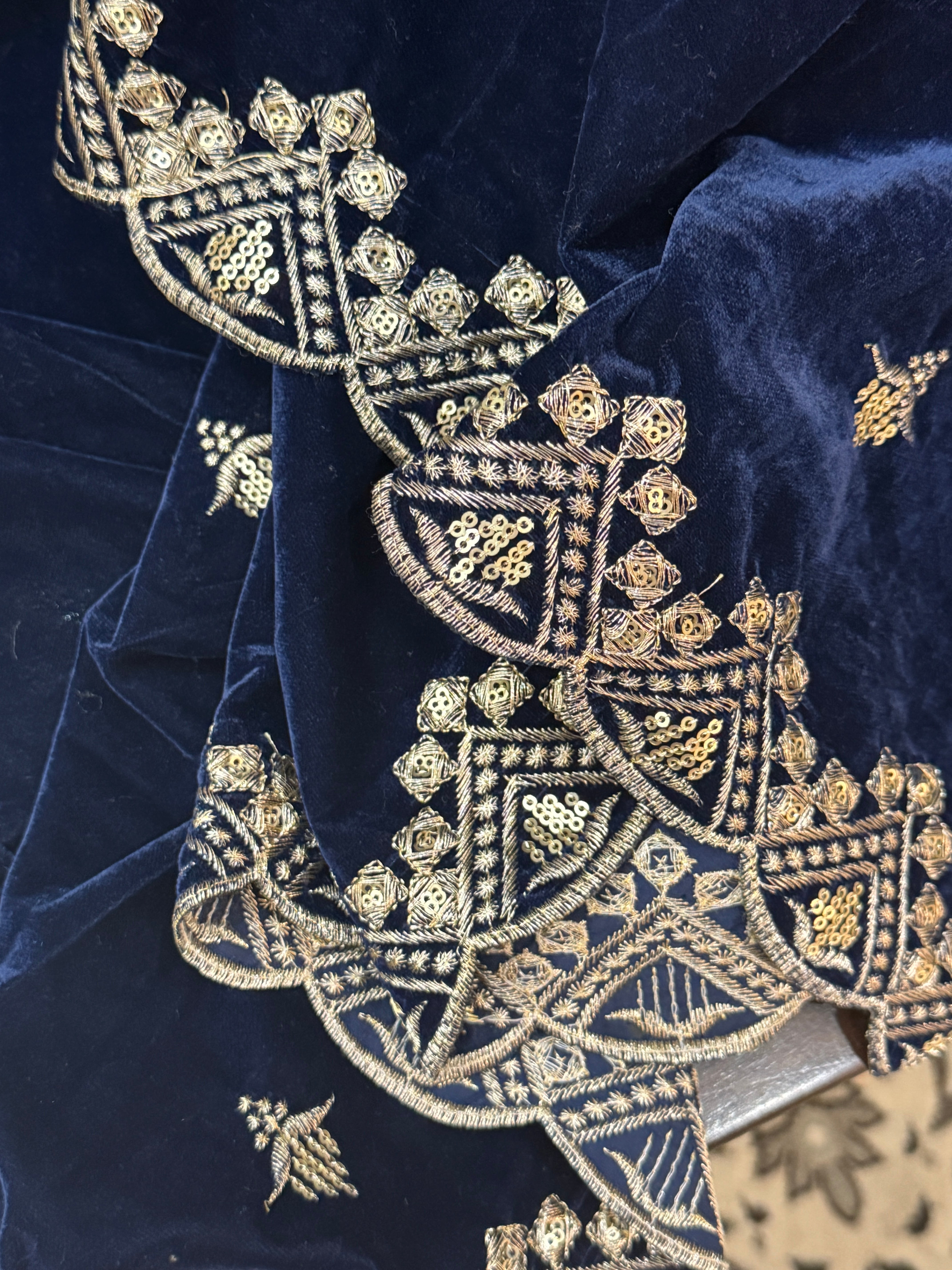 Velvet Sequence Cutwork dupatta - blue