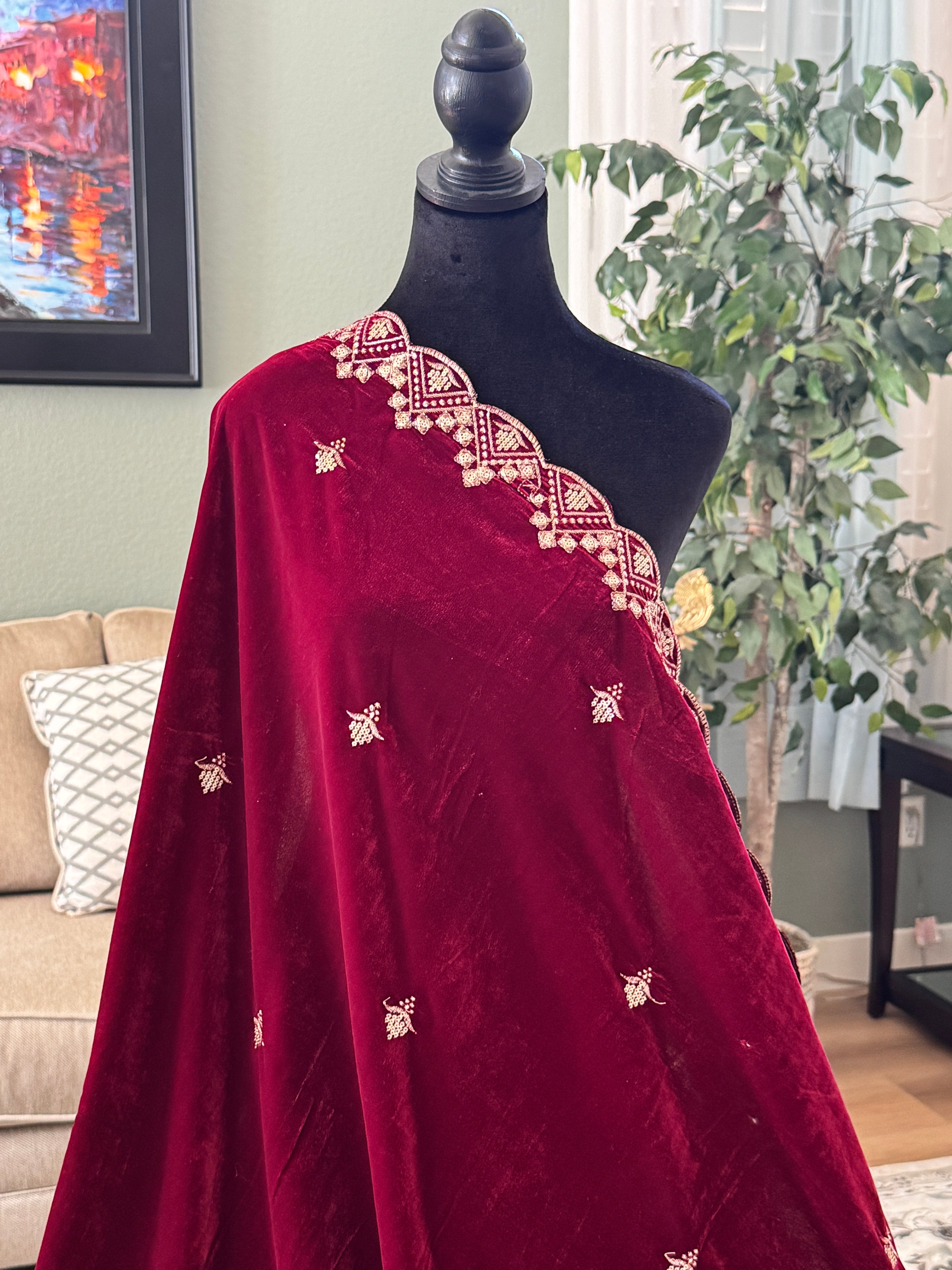 Velvet Sequence Cutwork dupatta - wine