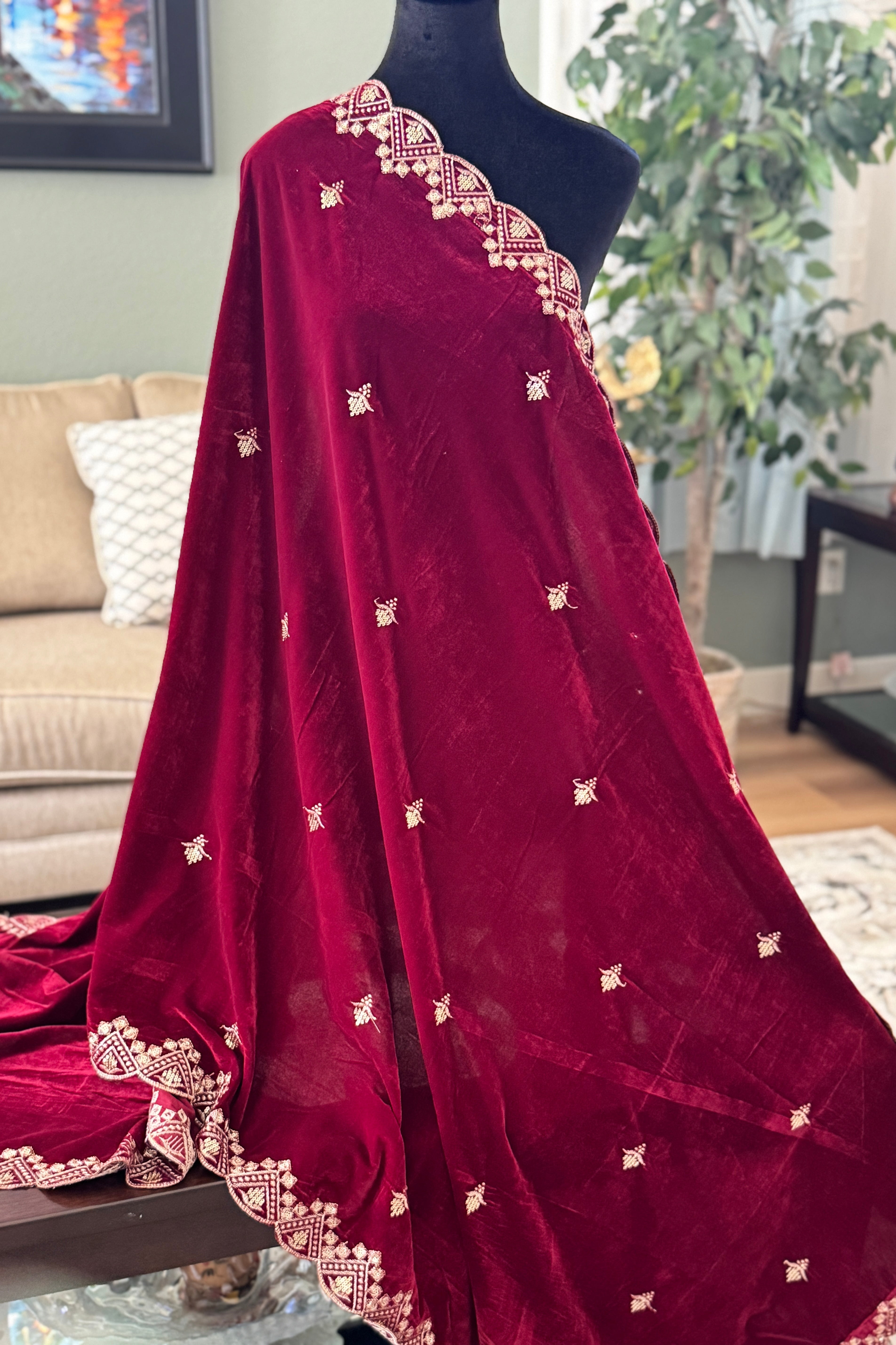 Velvet Sequence Cutwork dupatta - wine