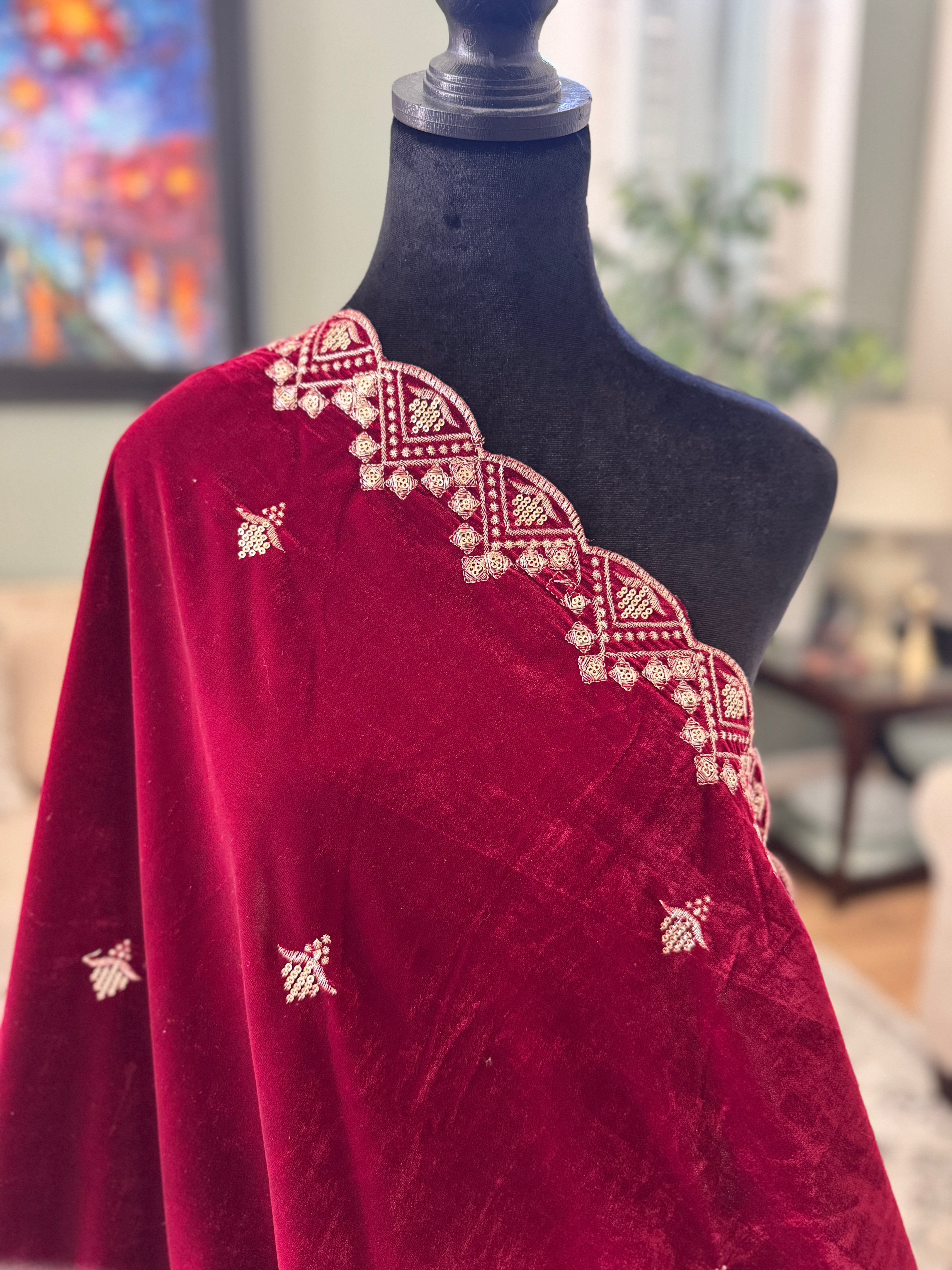 Velvet Sequence Cutwork dupatta - wine