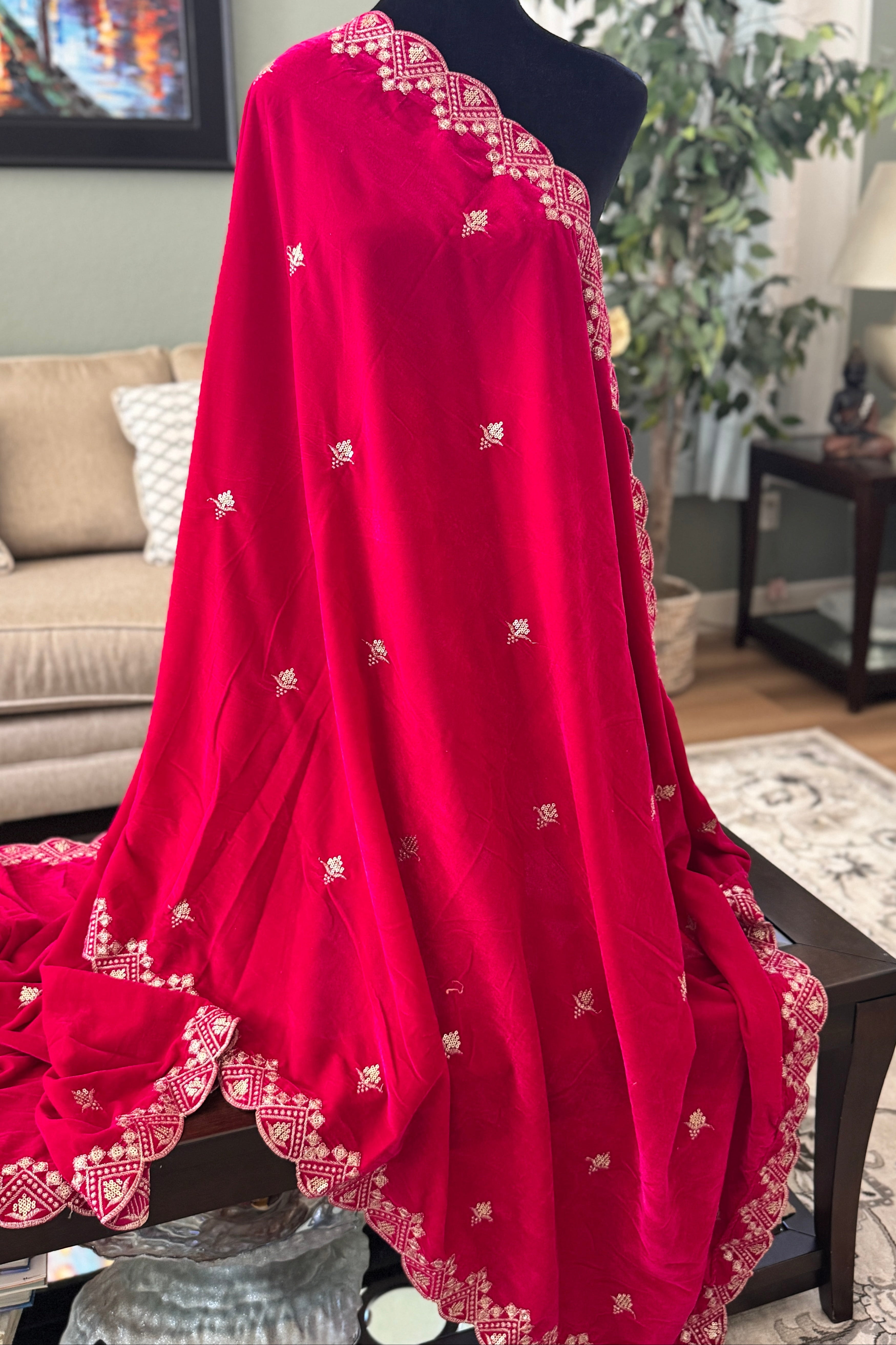 Velvet Sequence Cutwork dupatta - pink