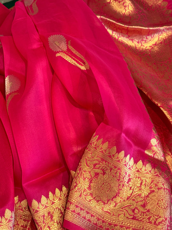 Banarasi Kora Organza Silk Handloom Saree - pink