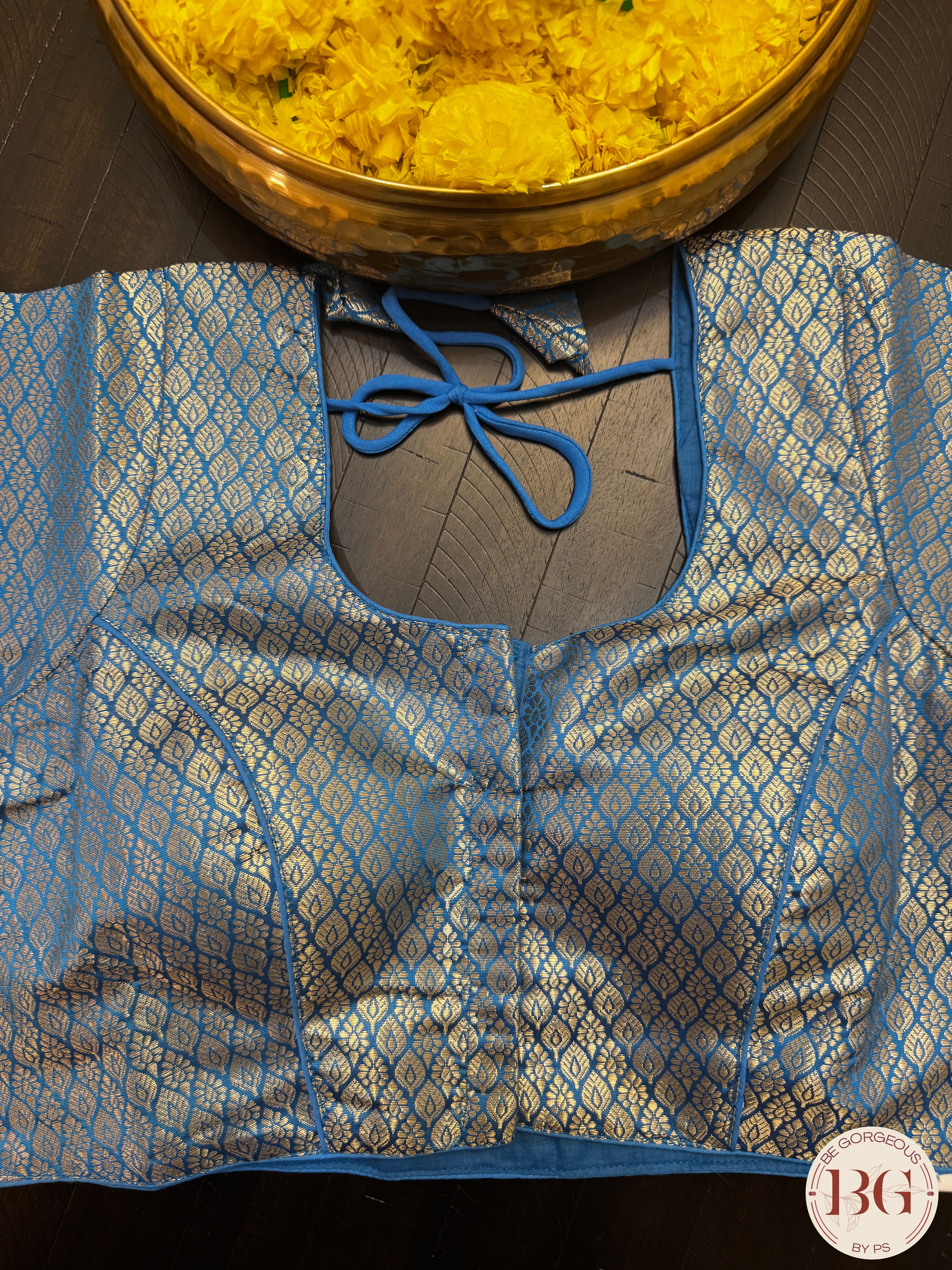 Brocade padded readymade blouse with front hooks and sleeves - blue