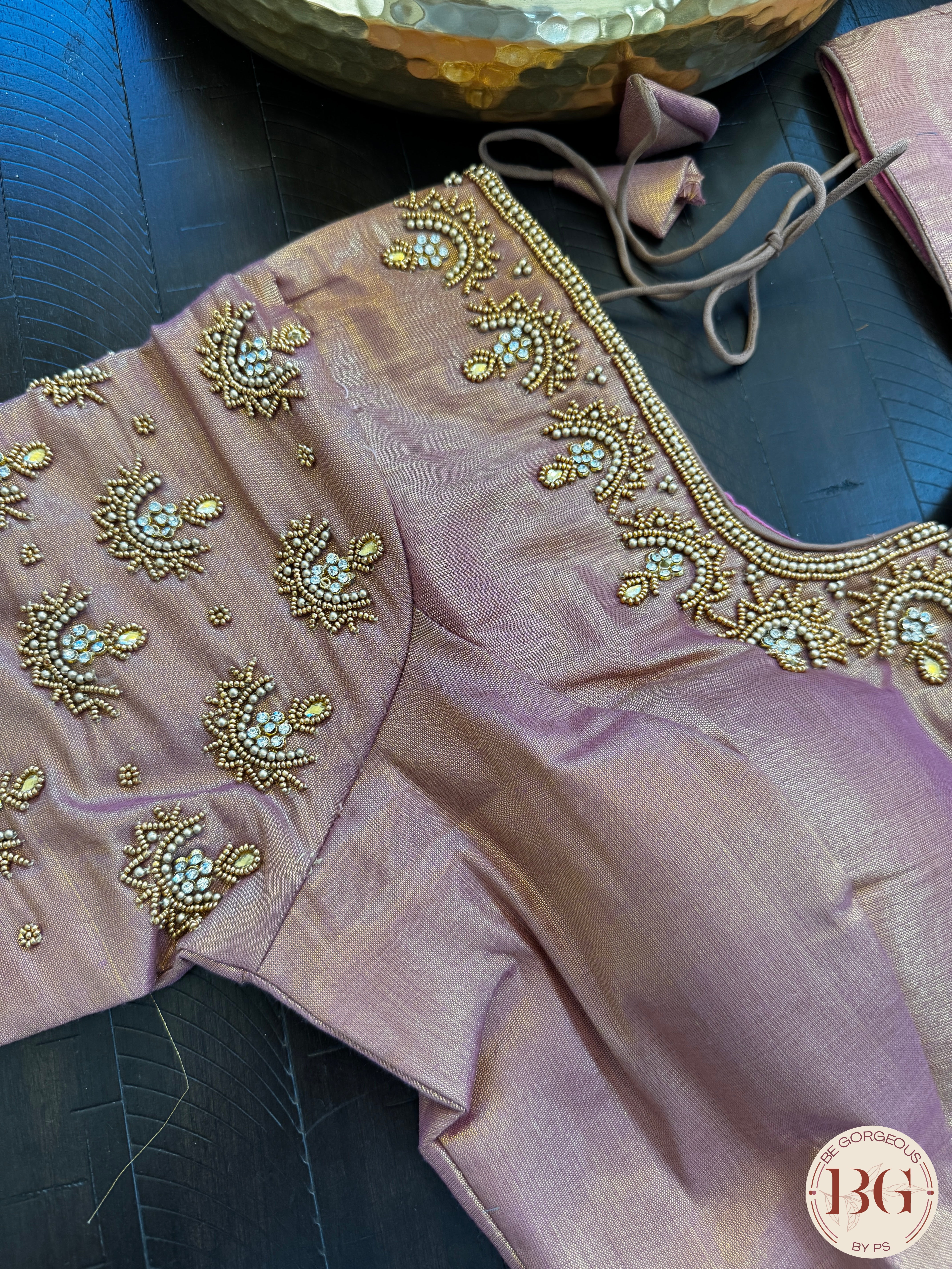 Maggam Work Readymade Padded Blouse front hooks with sleeves - peachish pink