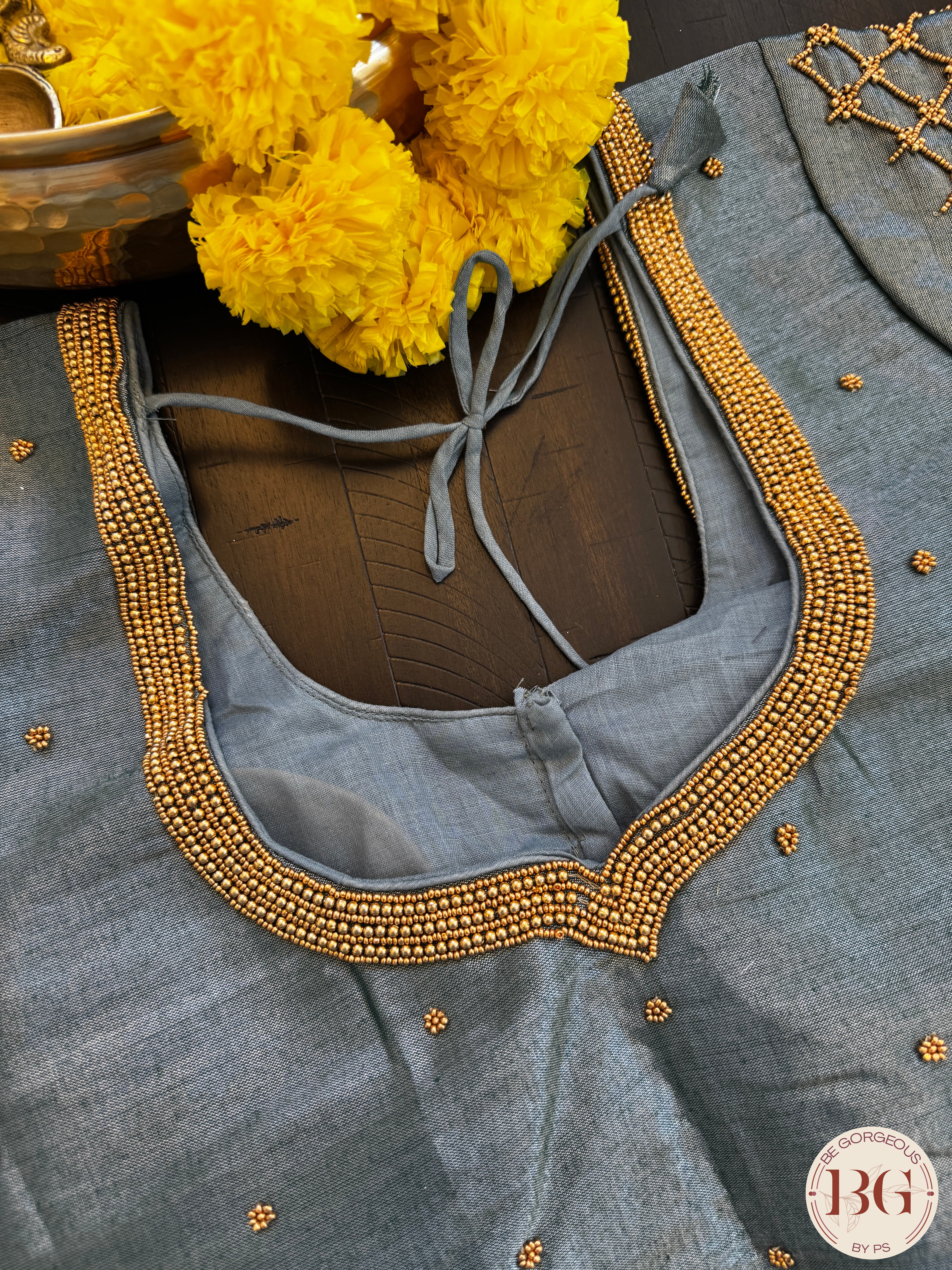 Maggam Work Readymade Padded Blouse front hooks with sleeves - Bluish grey