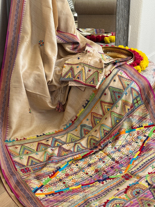 Lambani Hand Embroidered Vidharba Tussar Saree - purple