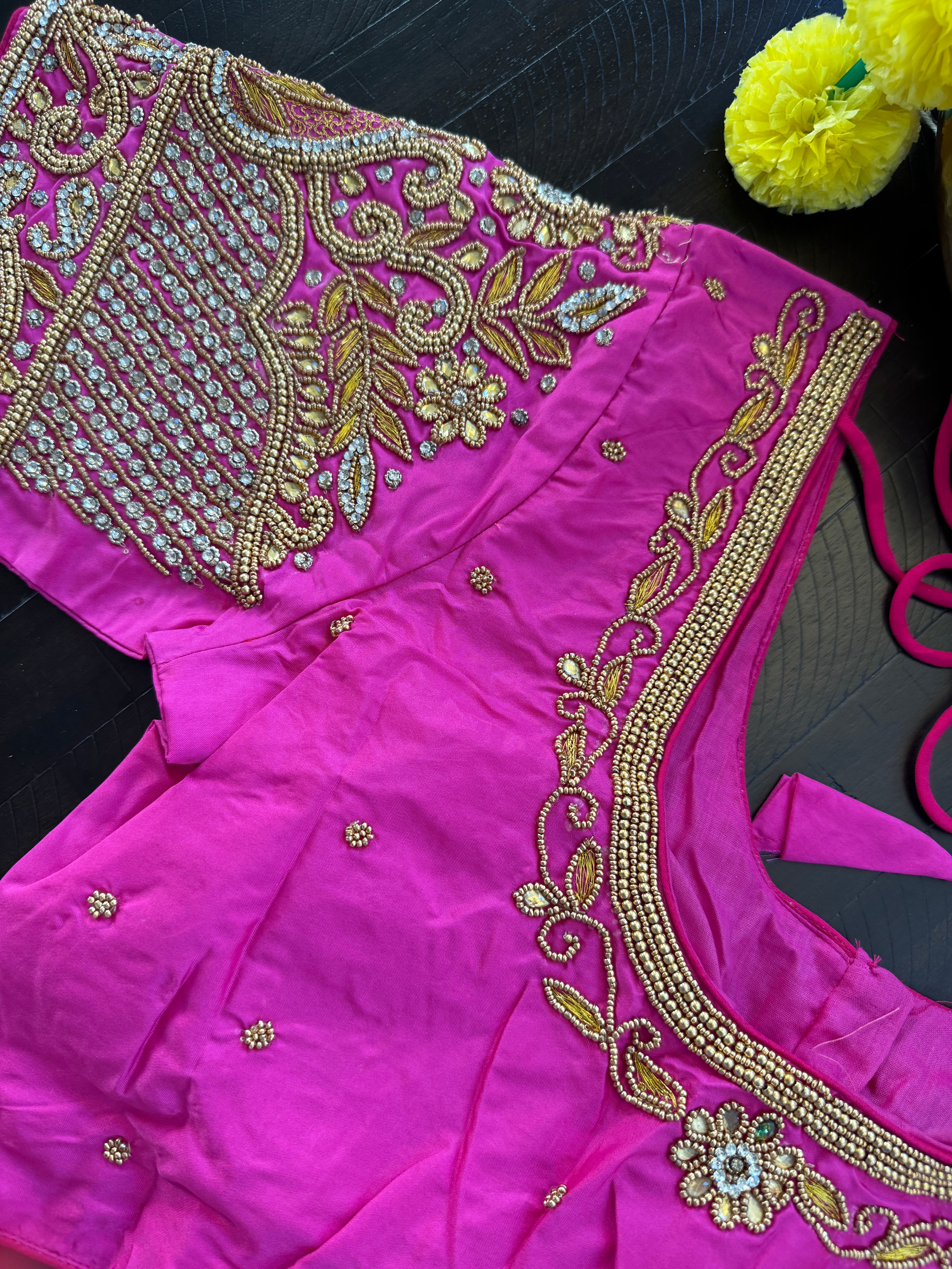 Maggam Work Readymade Padded Blouse front hooks with sleeves - rani pink