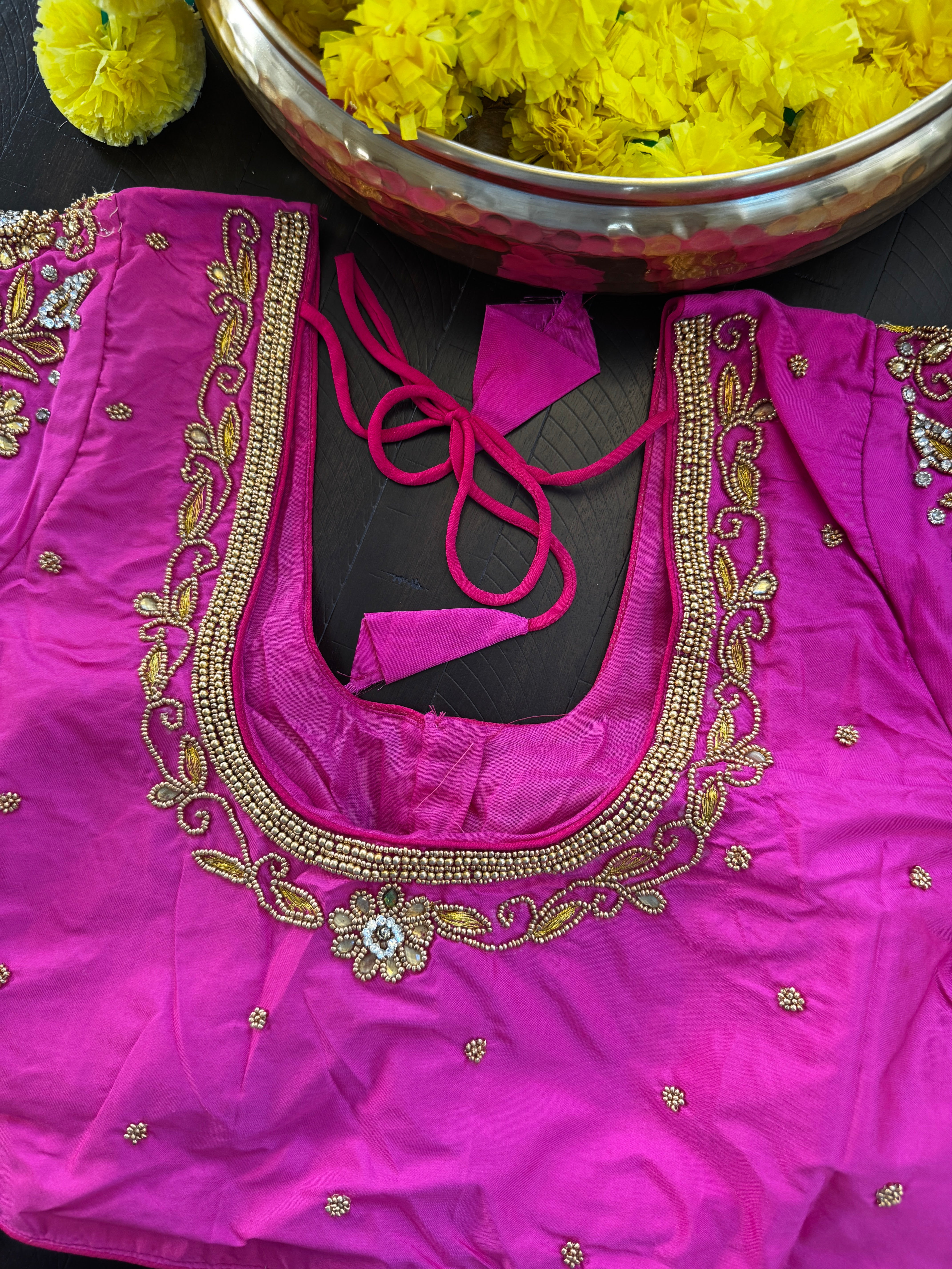 Maggam Work Readymade Padded Blouse front hooks with sleeves - rani pink