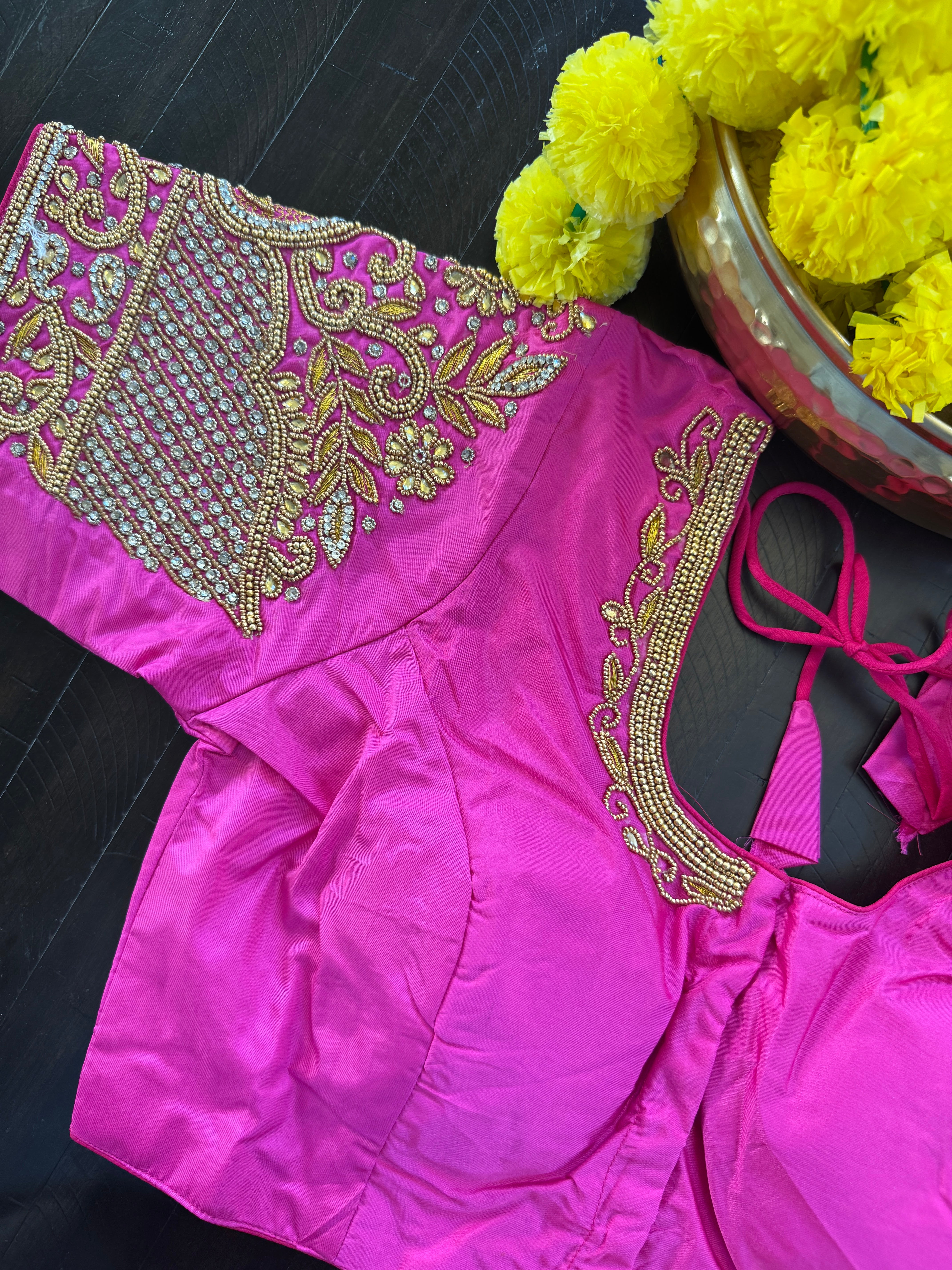 Maggam Work Readymade Padded Blouse front hooks with sleeves - rani pink