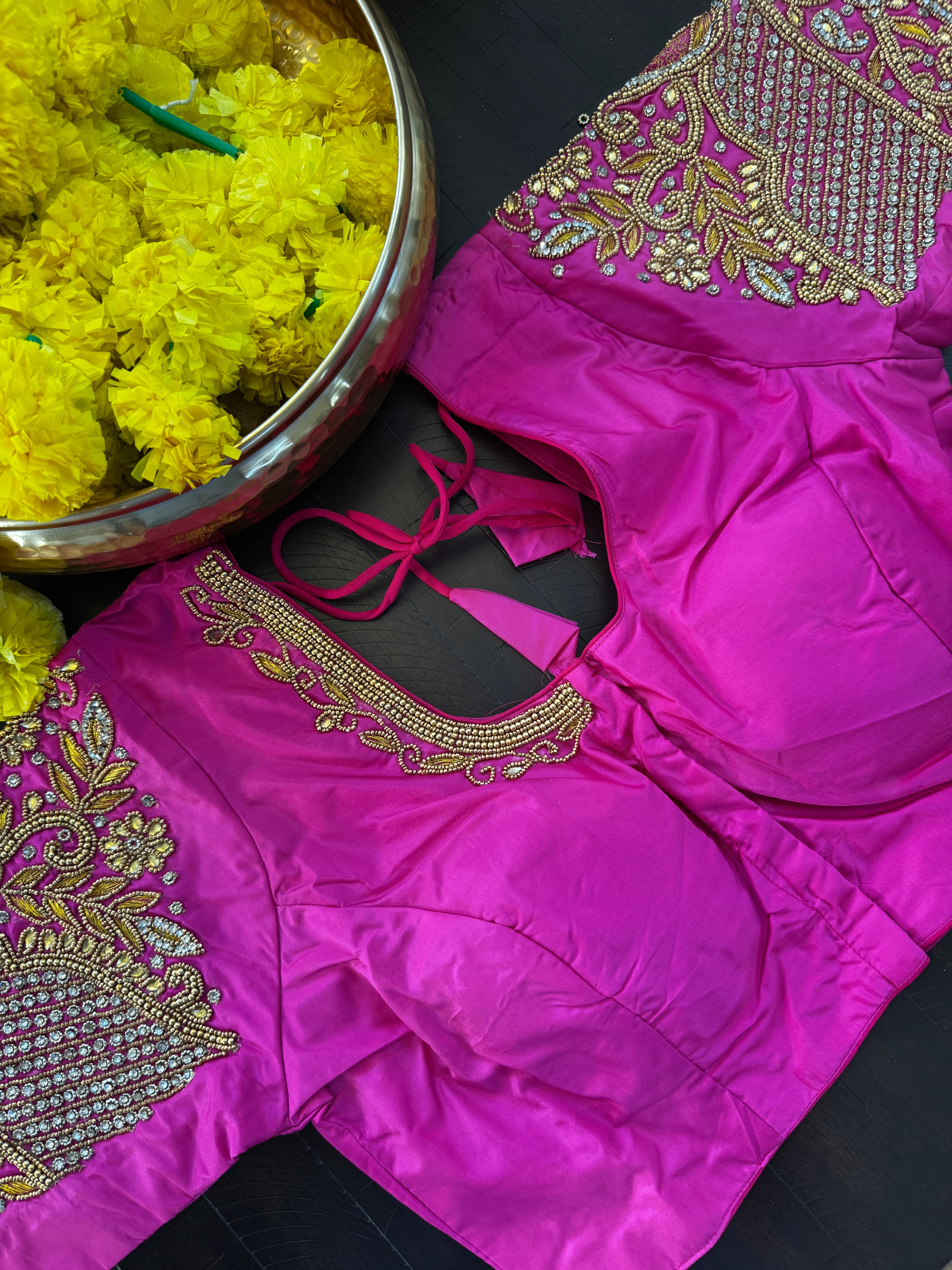 Maggam Work Readymade Padded Blouse front hooks with sleeves - rani pink