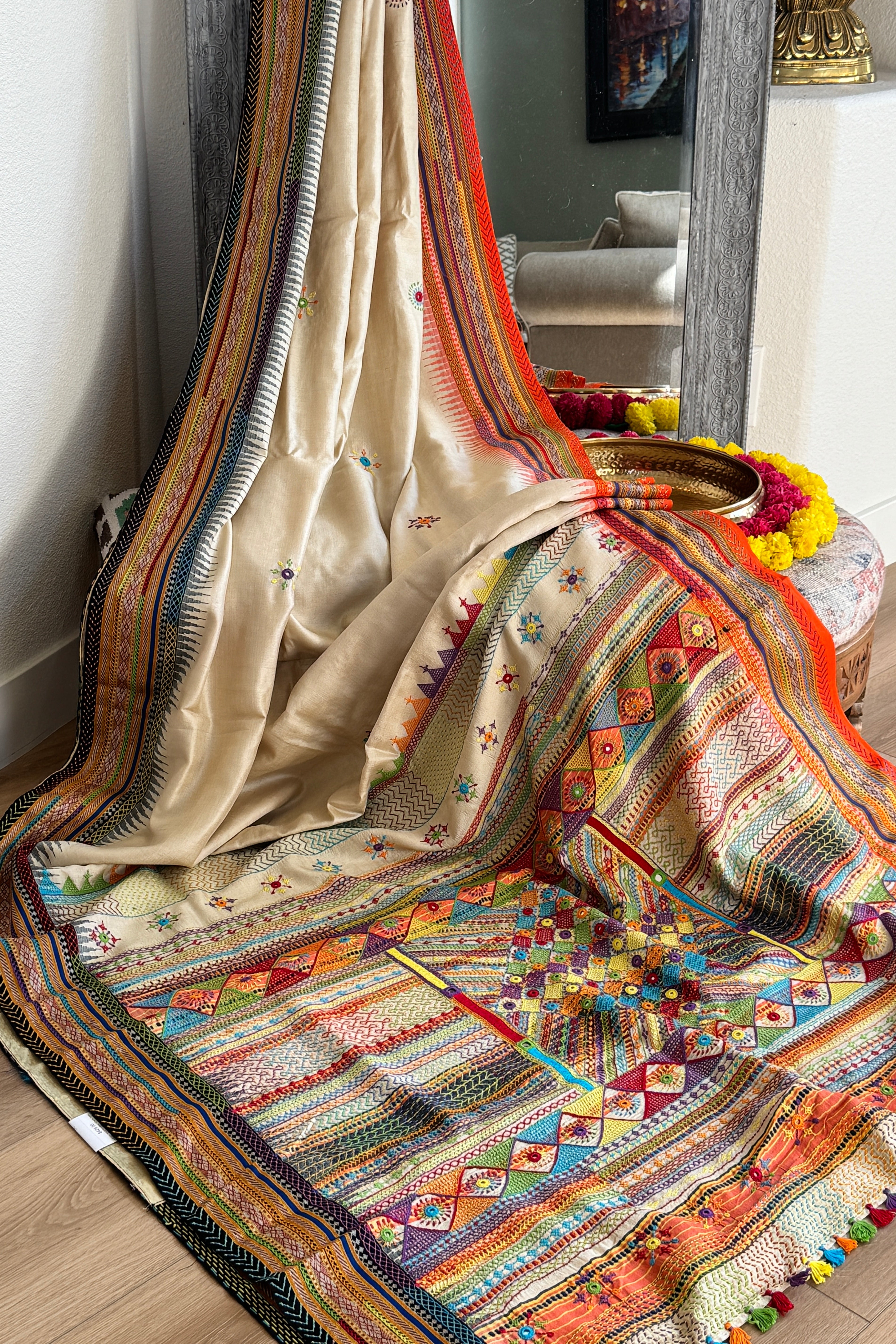 Lambani Hand Embroidered Vidharba Tussar Saree - orange