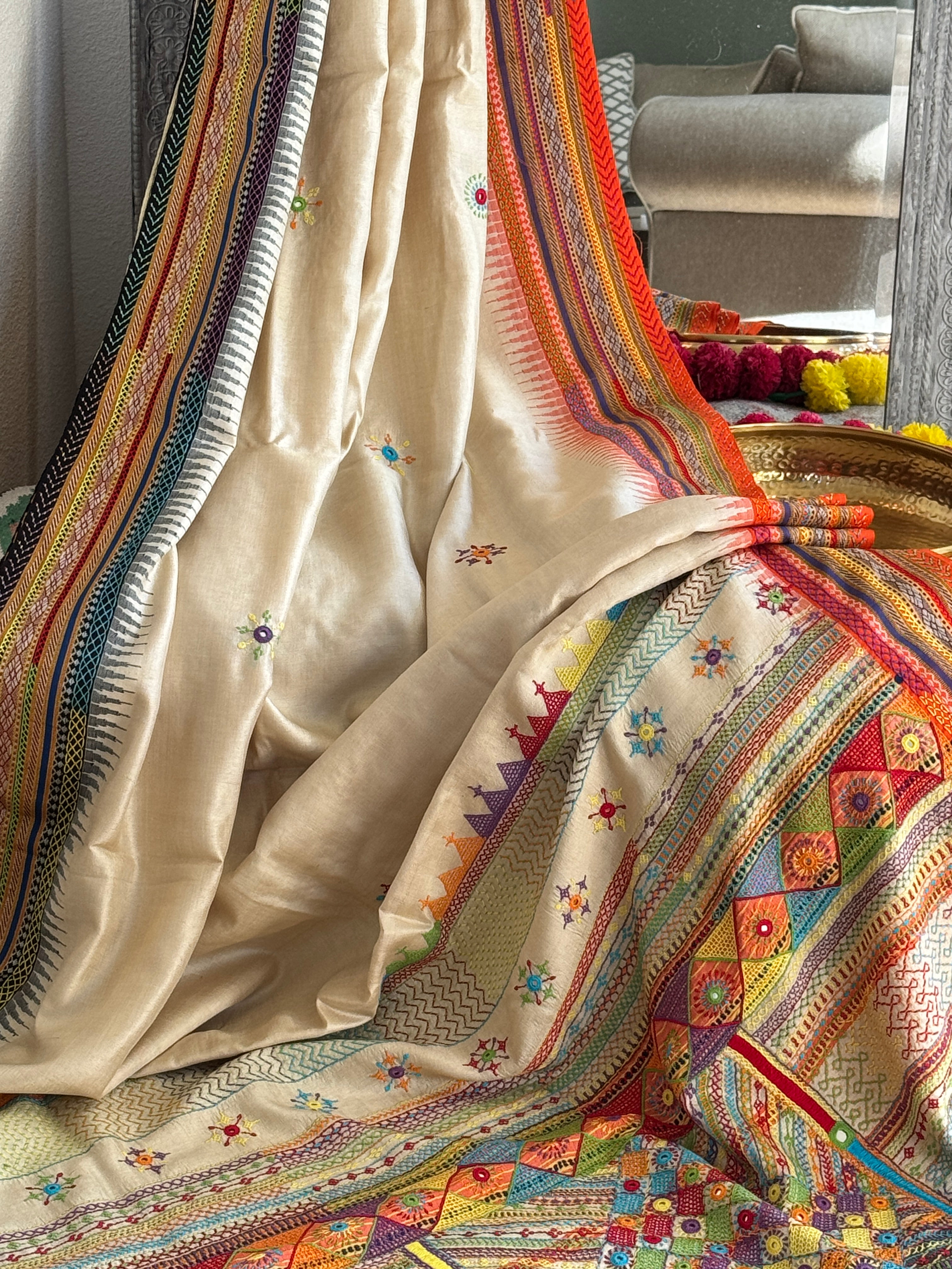 Lambani Hand Embroidered Vidharba Tussar Saree - orange